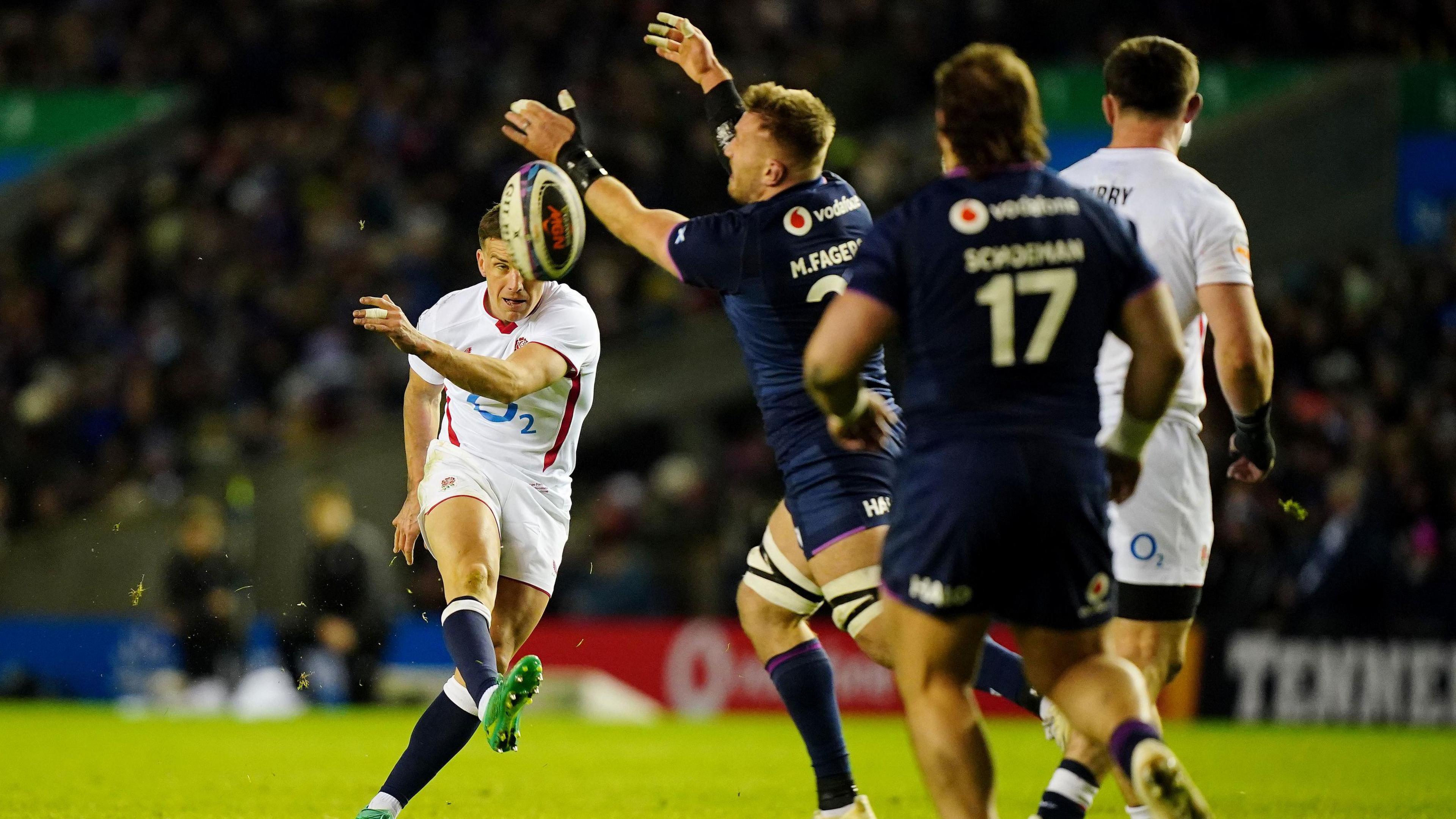 George Ford kick is charged down
