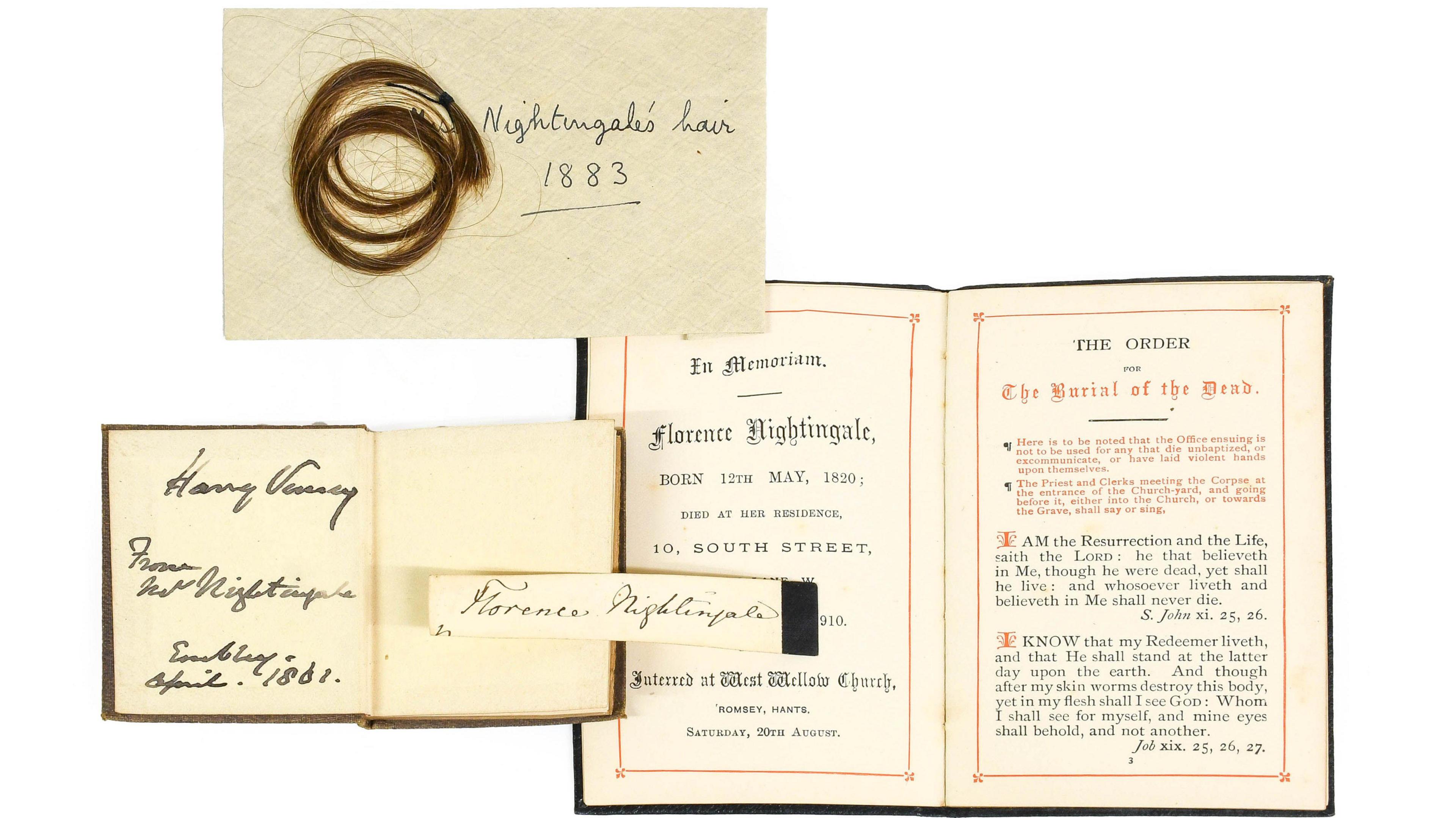 Lock of Florence Nightingale's hair, her signature, The Book of Job and The Order for the Burial of the Dead