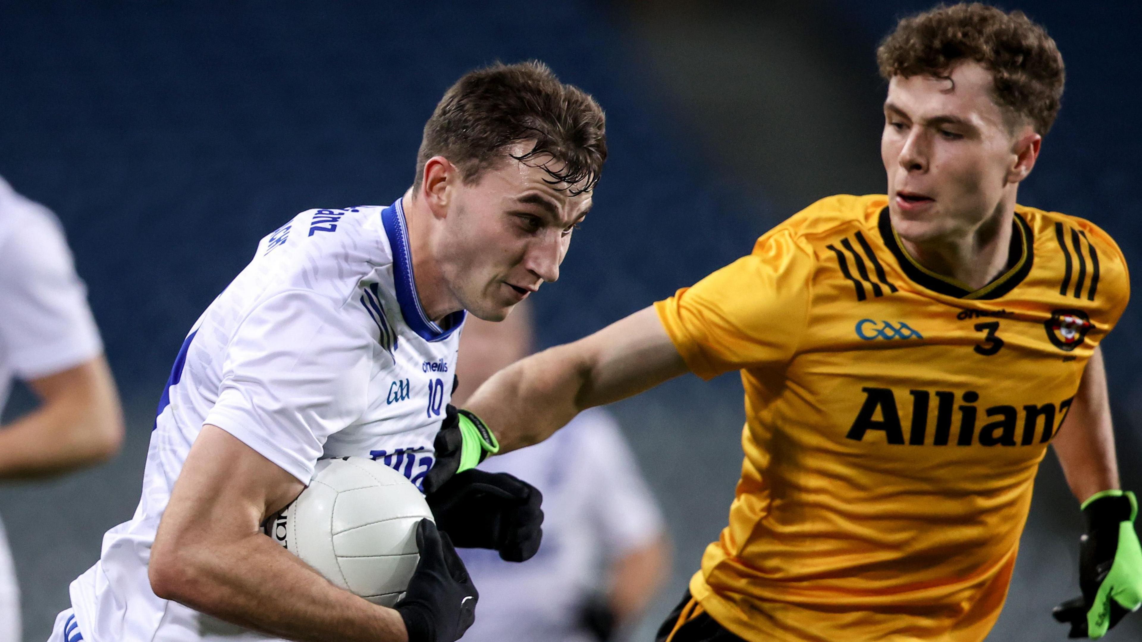 Ulster's Eoin McEvoy challenges Connacht's Matthew Tierney in the Interprovincial Final at Croke Park