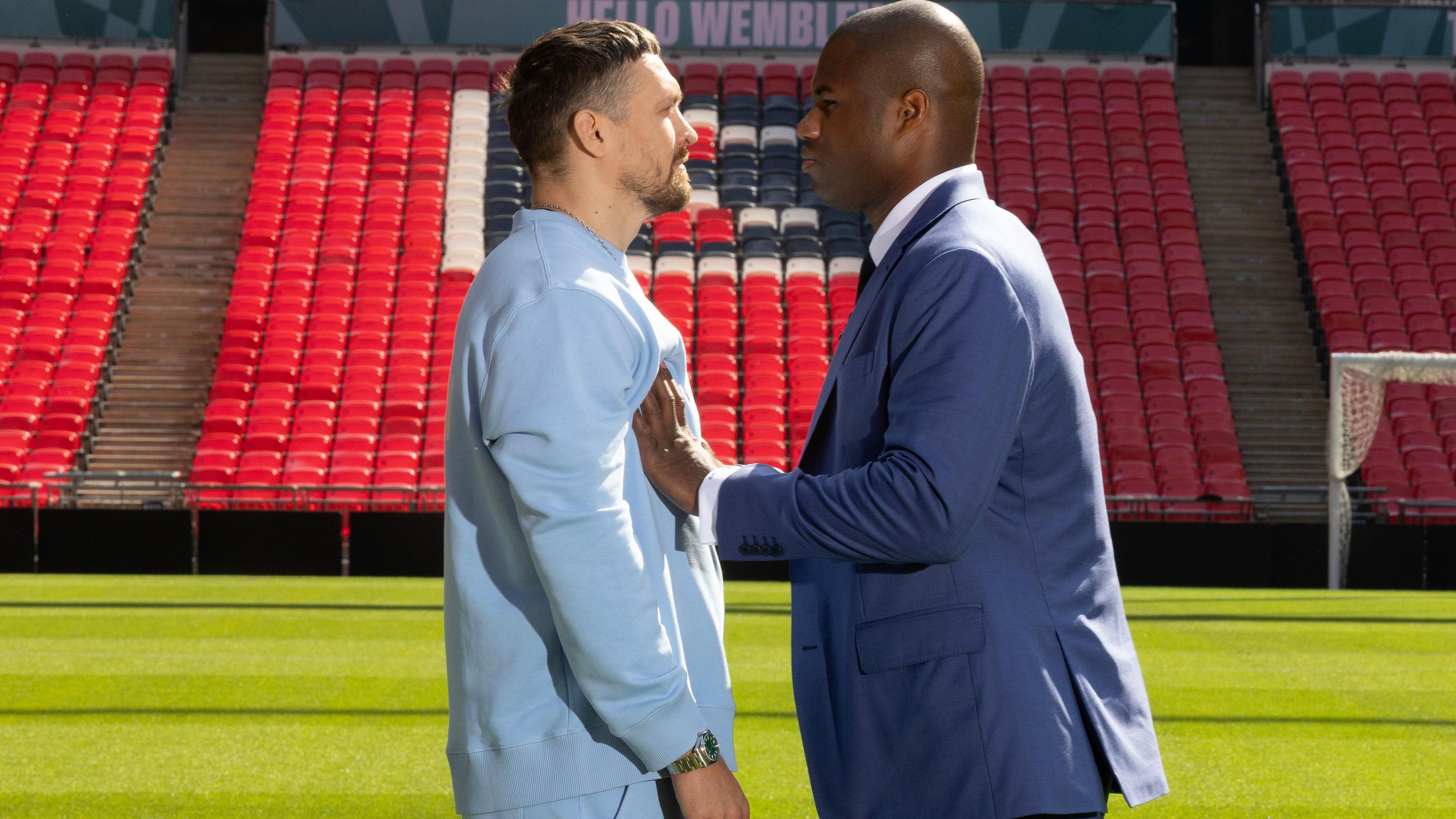 Oleksandr Usyk is pushed by Daniel Dubois at Wembley