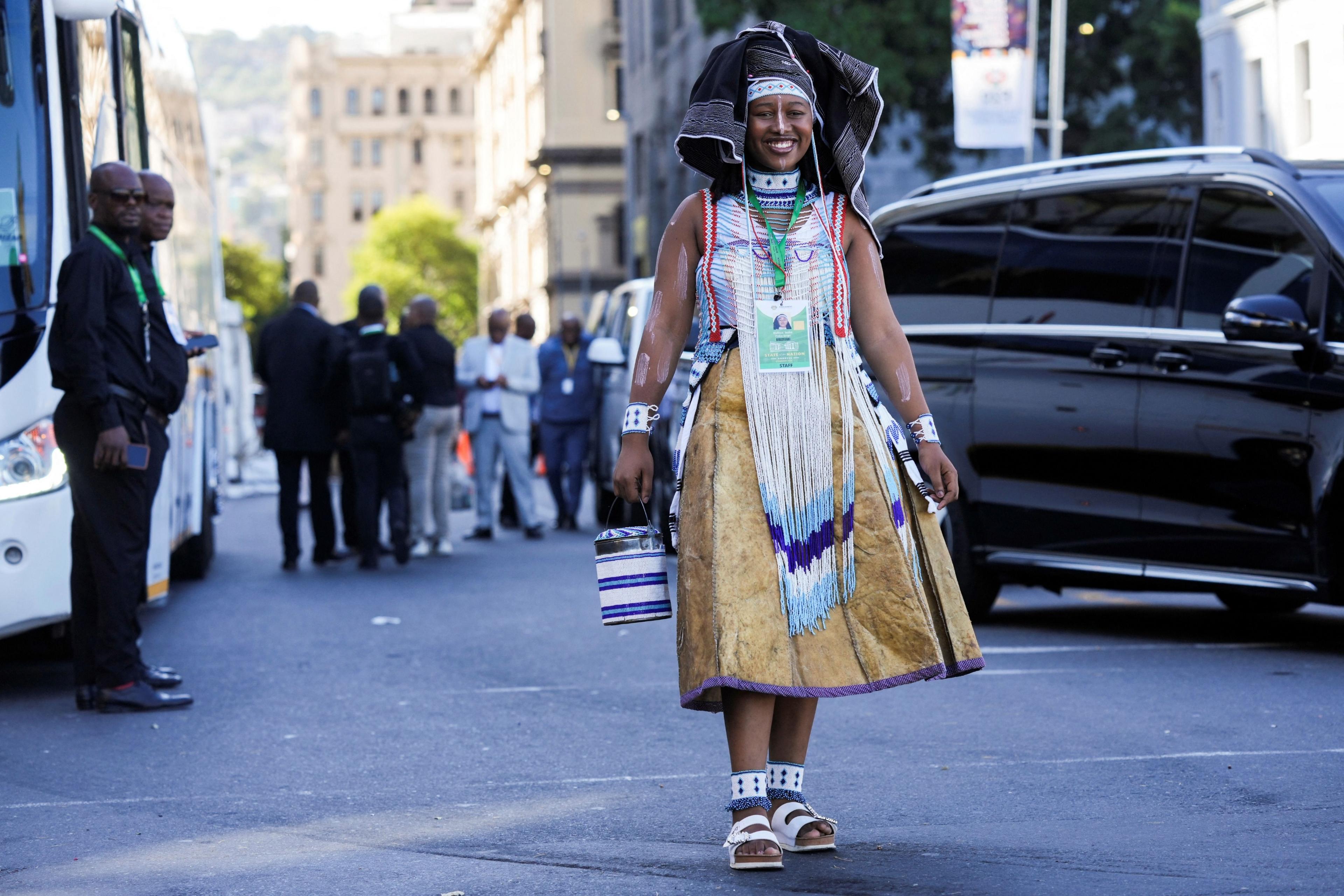 Praise singer Inako Mateza wearing traditional attired ahead of the State of the Nation Address in Cape Town, South Africa.