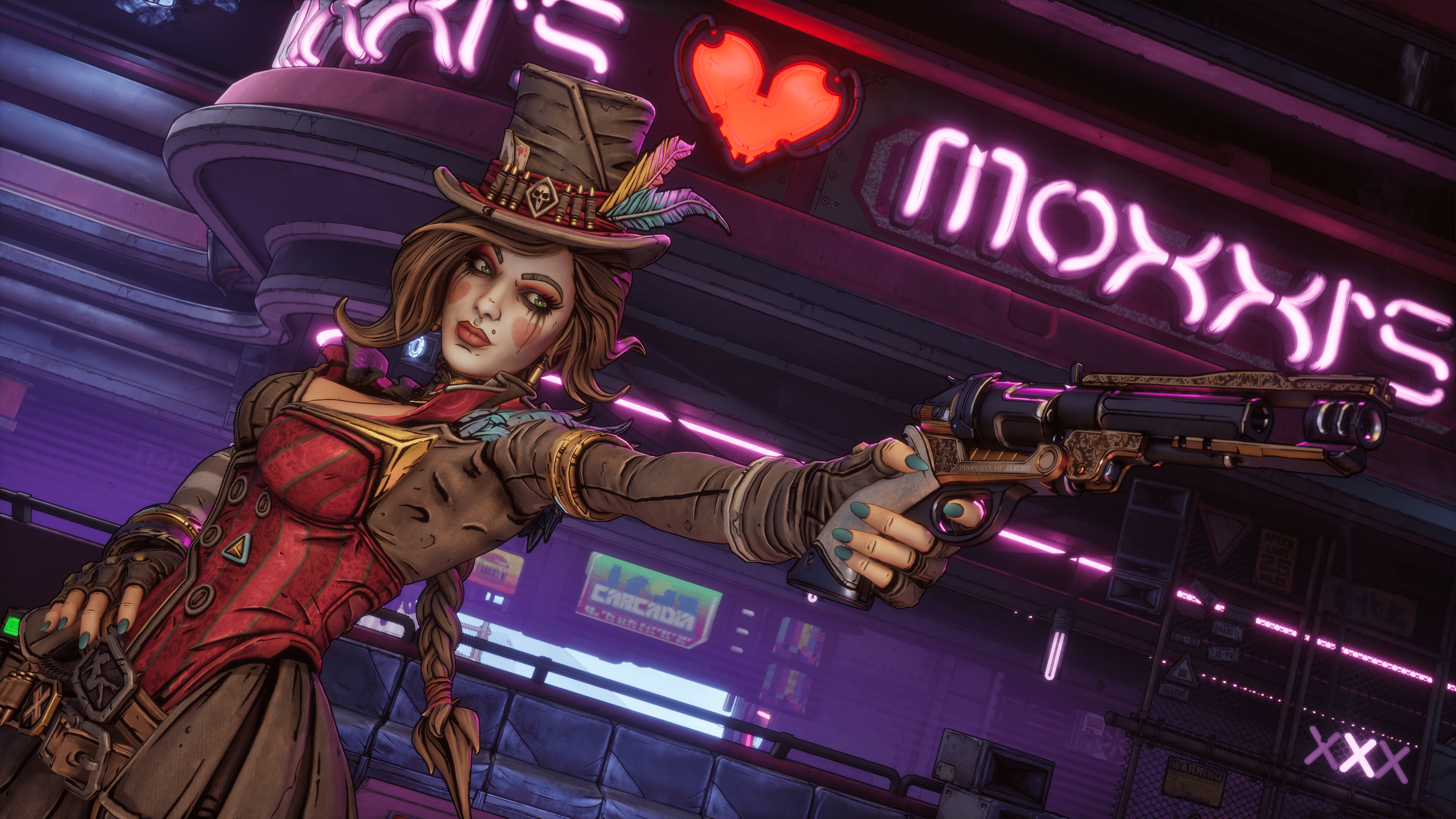 Screenshot shows a female character from Borderlands pointing a large revolver at an unseen target off-screen. She is rendered in a cartoon style and wears a steampunk style top hat, red bodice and a leather jacket and skirt combo. Her face is painted white, with a pale pink heart on each cheek.