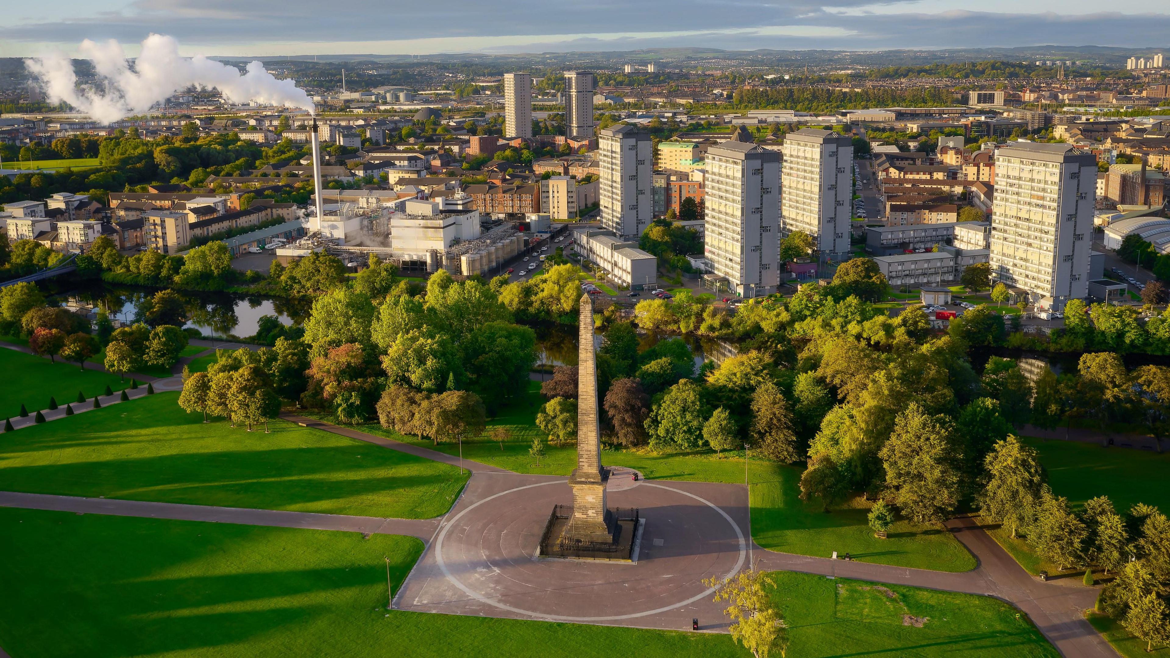 Drone view of Nelson monument in Glasgow Green park