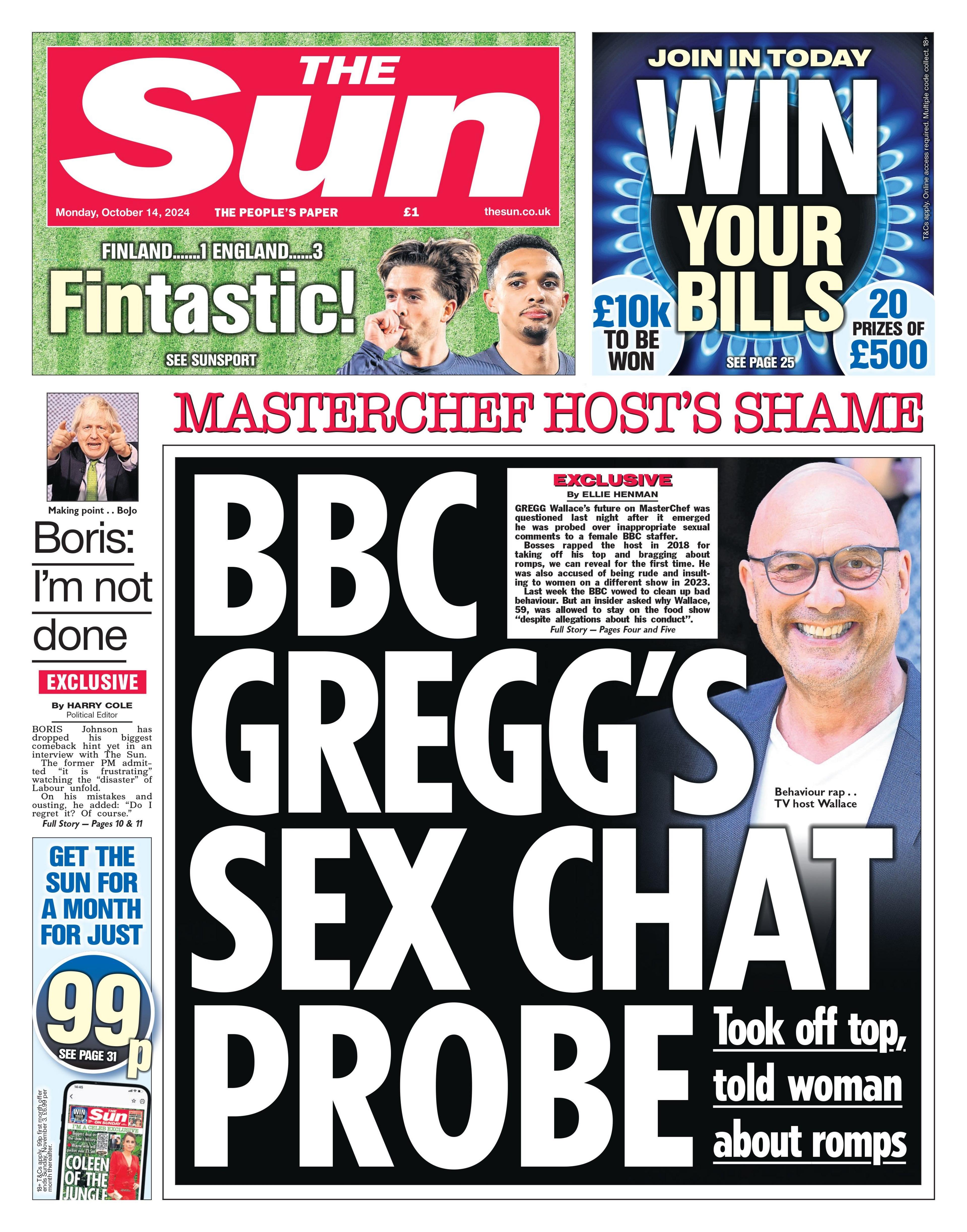 The Sun's front page headline reads: "BBC Gregg's sex chat probe". 