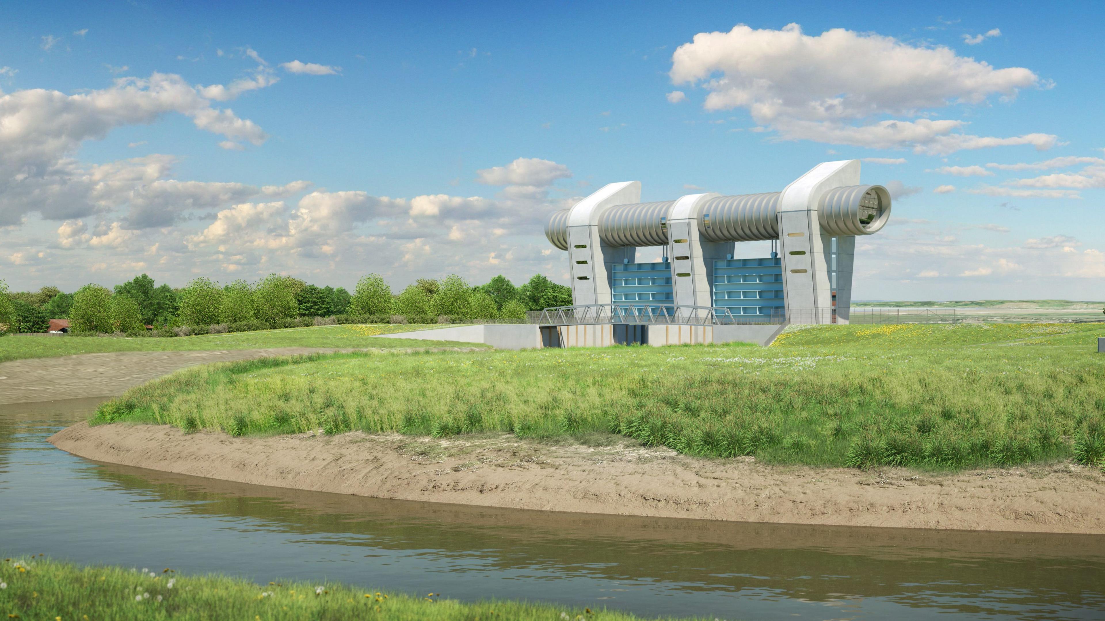 Artist's impression of a large barrier constructed over a river with fields either side