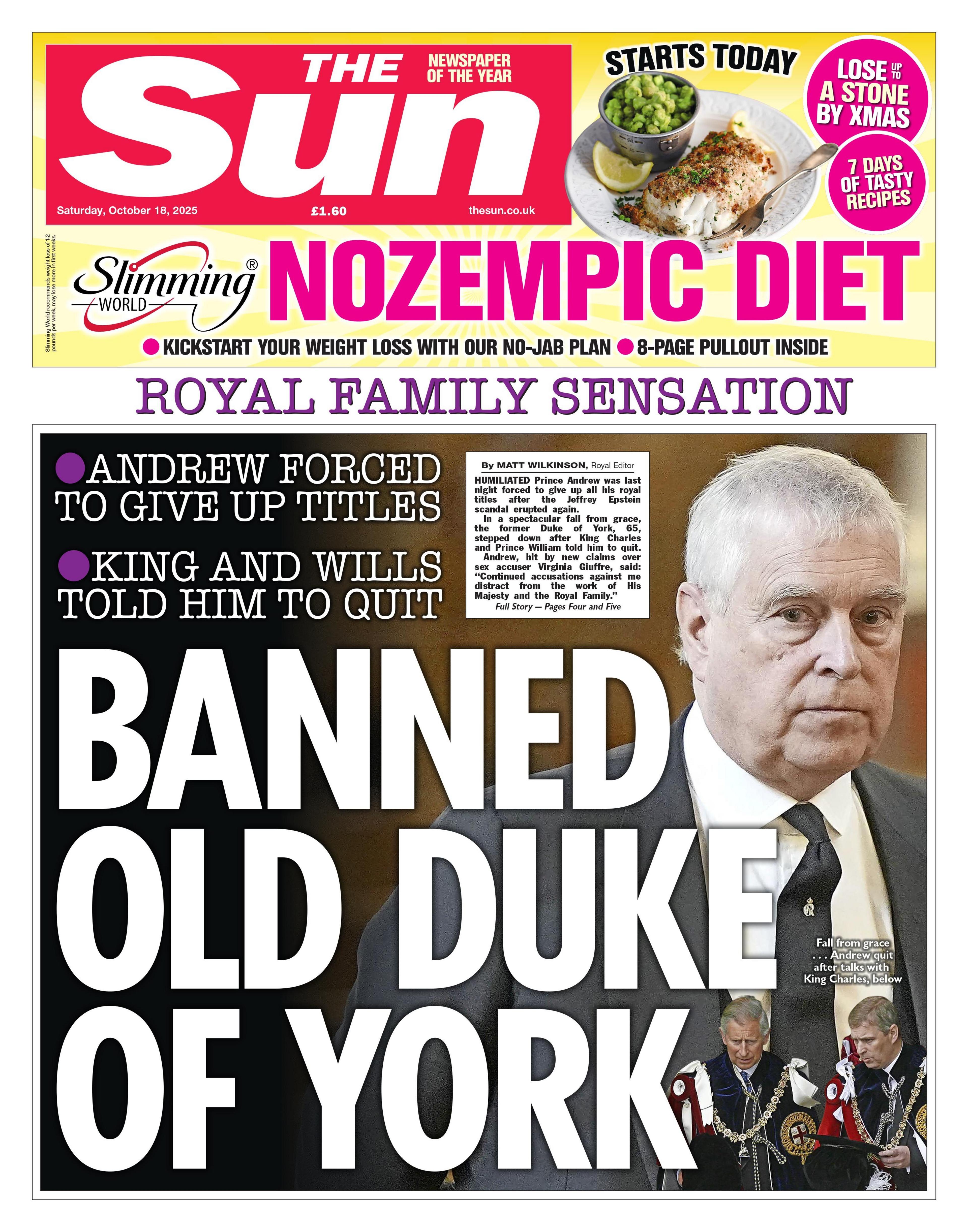 The headline on the front page of the Sun reads: "Banned old Duke of York".