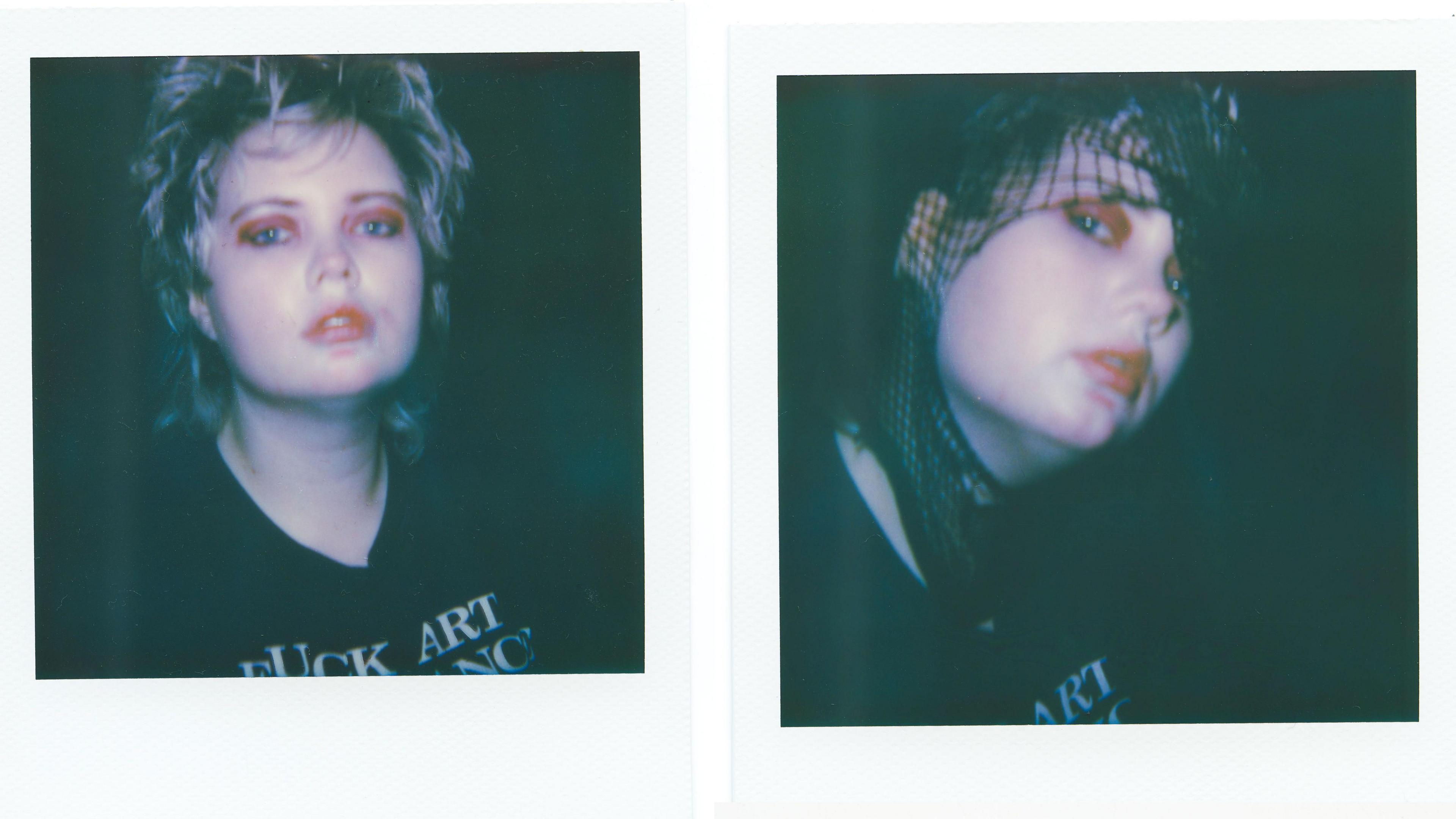 Two Polaroid photographs of Megan Winstone who is dressed in black with short blonde hair and bold make-up