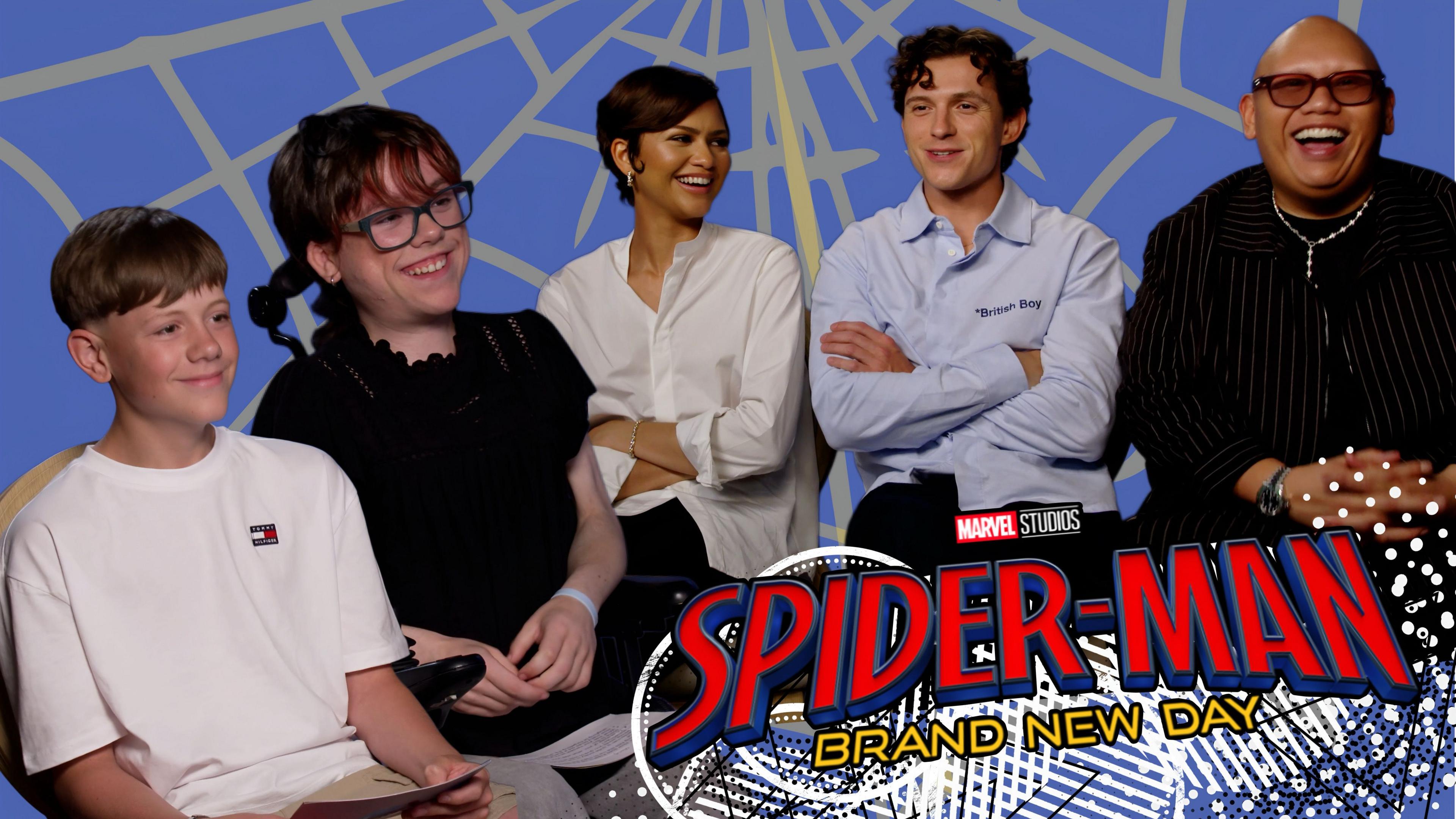 Two young reporters Zac and Carmlea with Spider-Man Brand New Day stars, Zenday, Tom Holland and Jacob Batalon