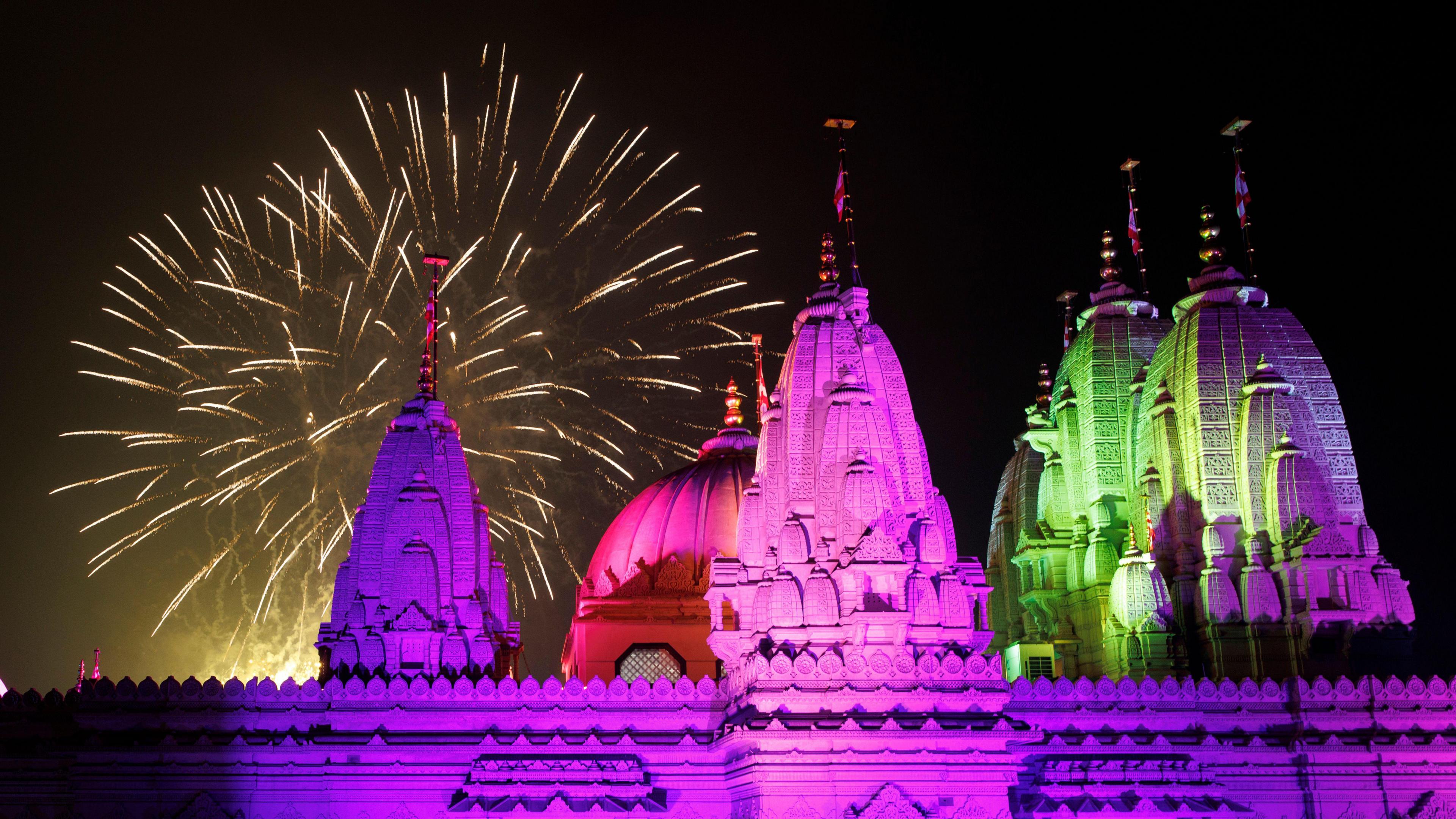 Fireworks at Neasden Temple in London.