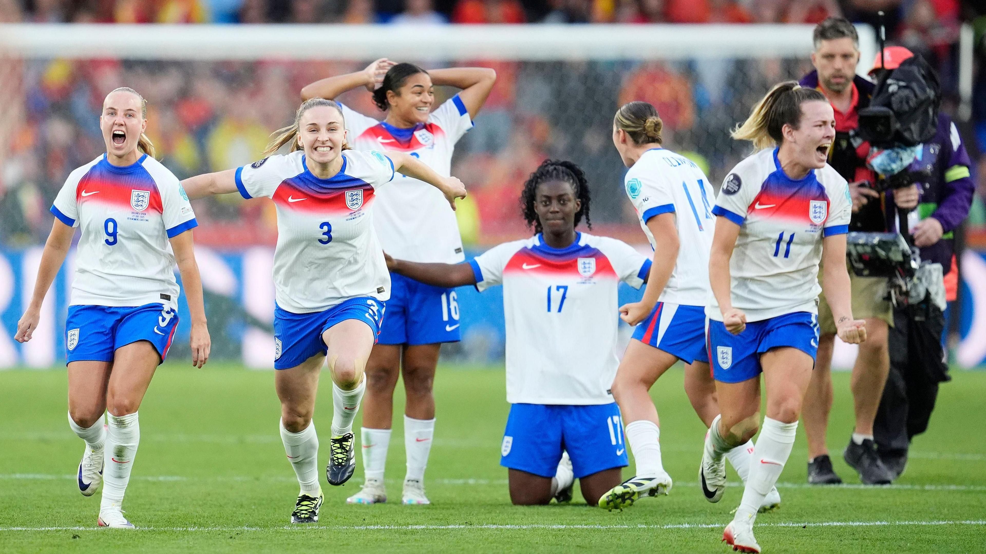 (left to right) England's Beth Mead, Niamh Charles, Jess Carter, Michelle Agyemang, Grace Clinton and Lauren Hemp celebrate as England's Chloe Kelly scores the winning penalty in the UEFA Women's Euro 2025 final at St. Jakob-Park in Basel, Switzerland. 