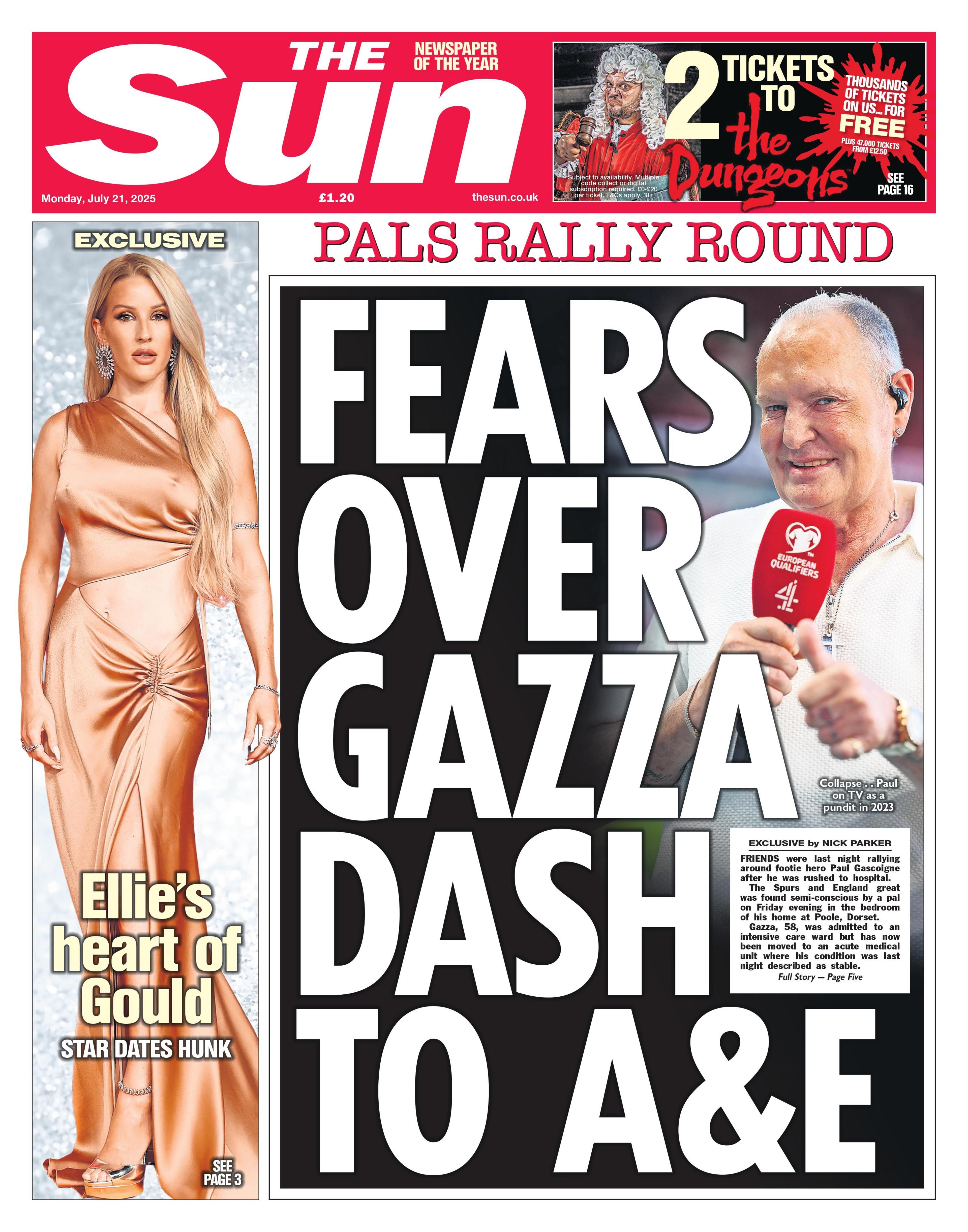 The headline on the front page of the Sun reads: “Fears over Gazza dash to A&E”