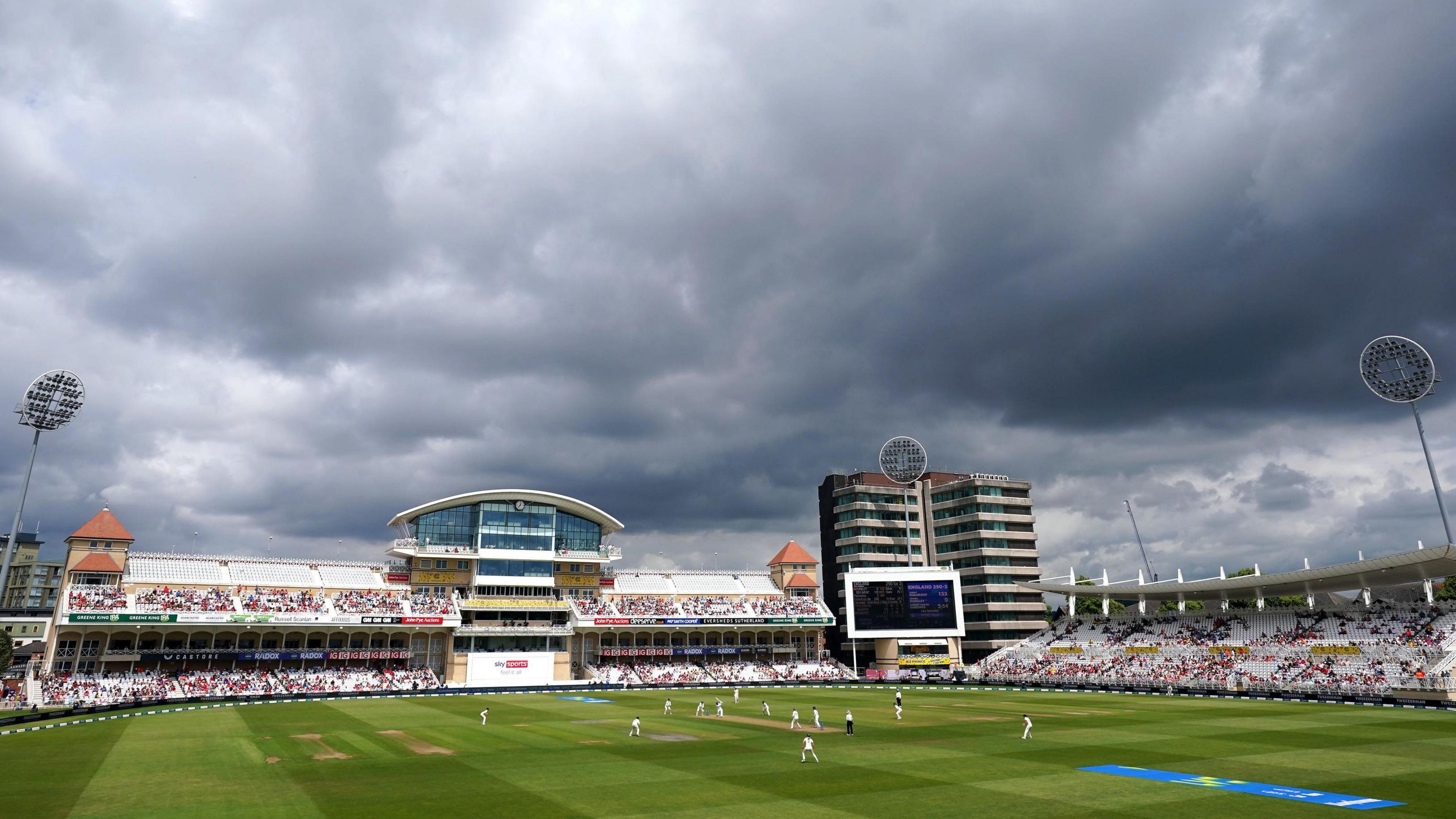 A cricket match being played at Trent Bridge cricket ground in West Bridgford, Nottinghamshire.