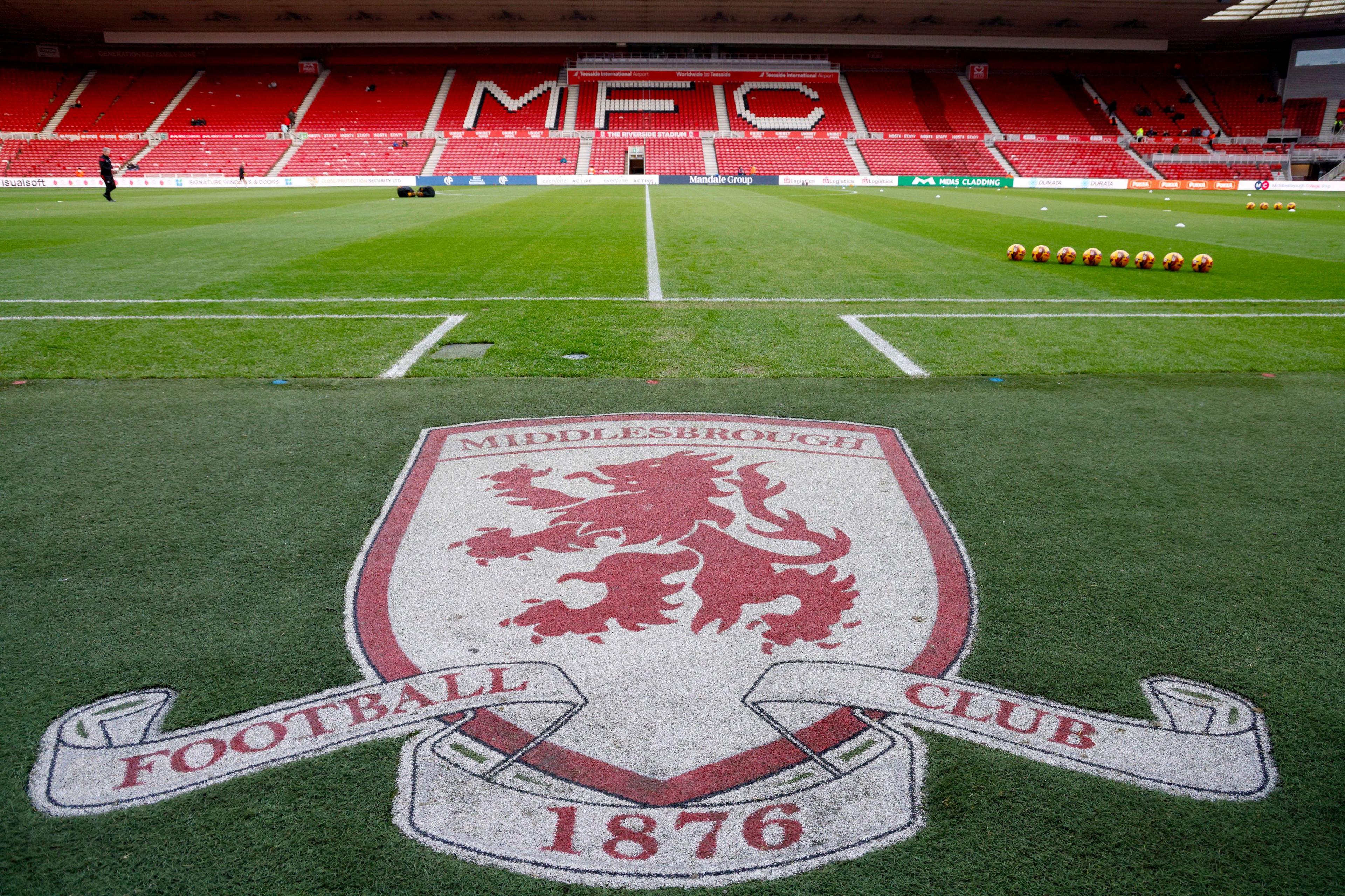 the Middlesbrough club badge on the floor pitchside at the riverside stadium