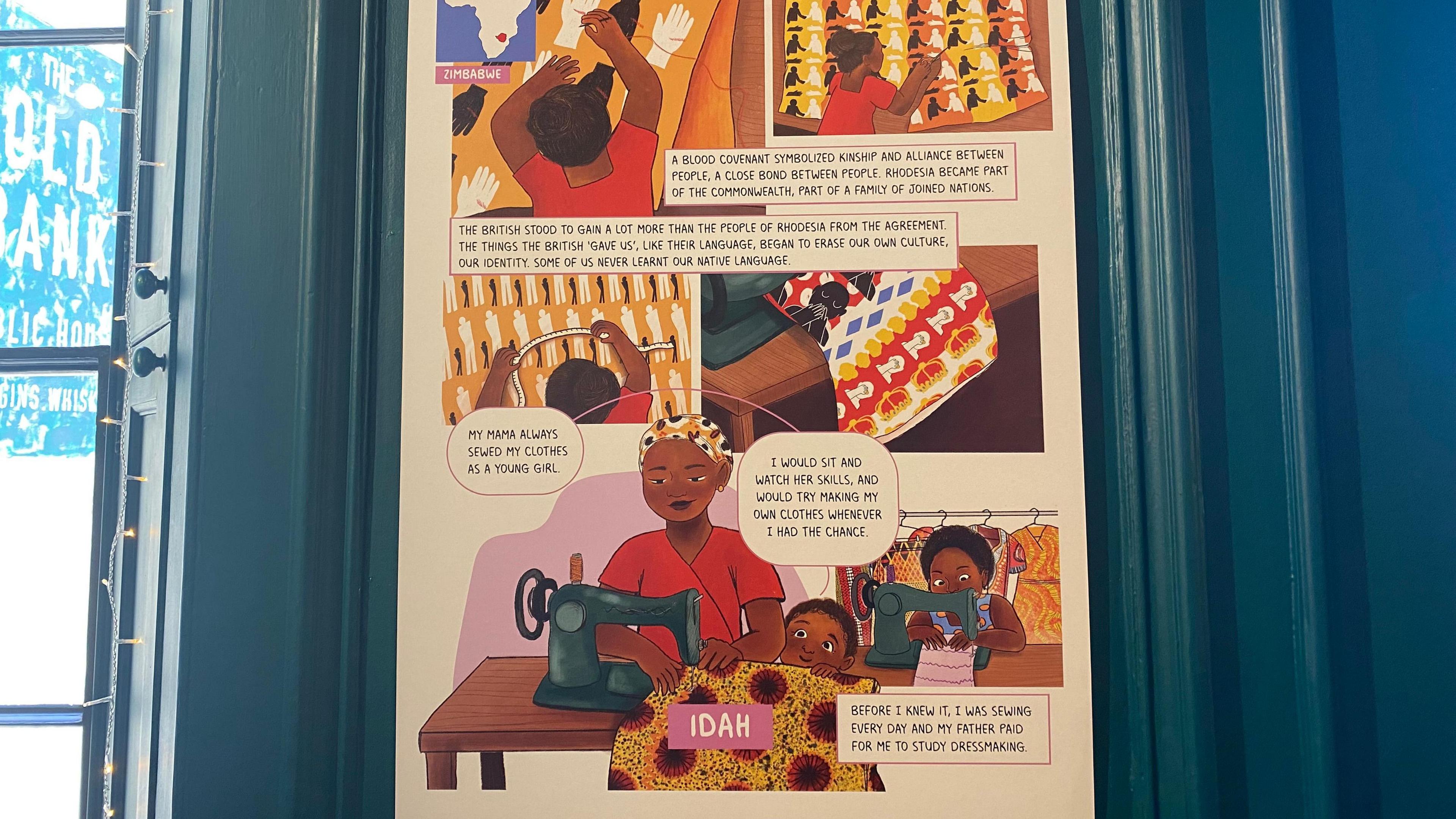 A comic book page set on a wall featuring a story where people are stitching and sewing materials