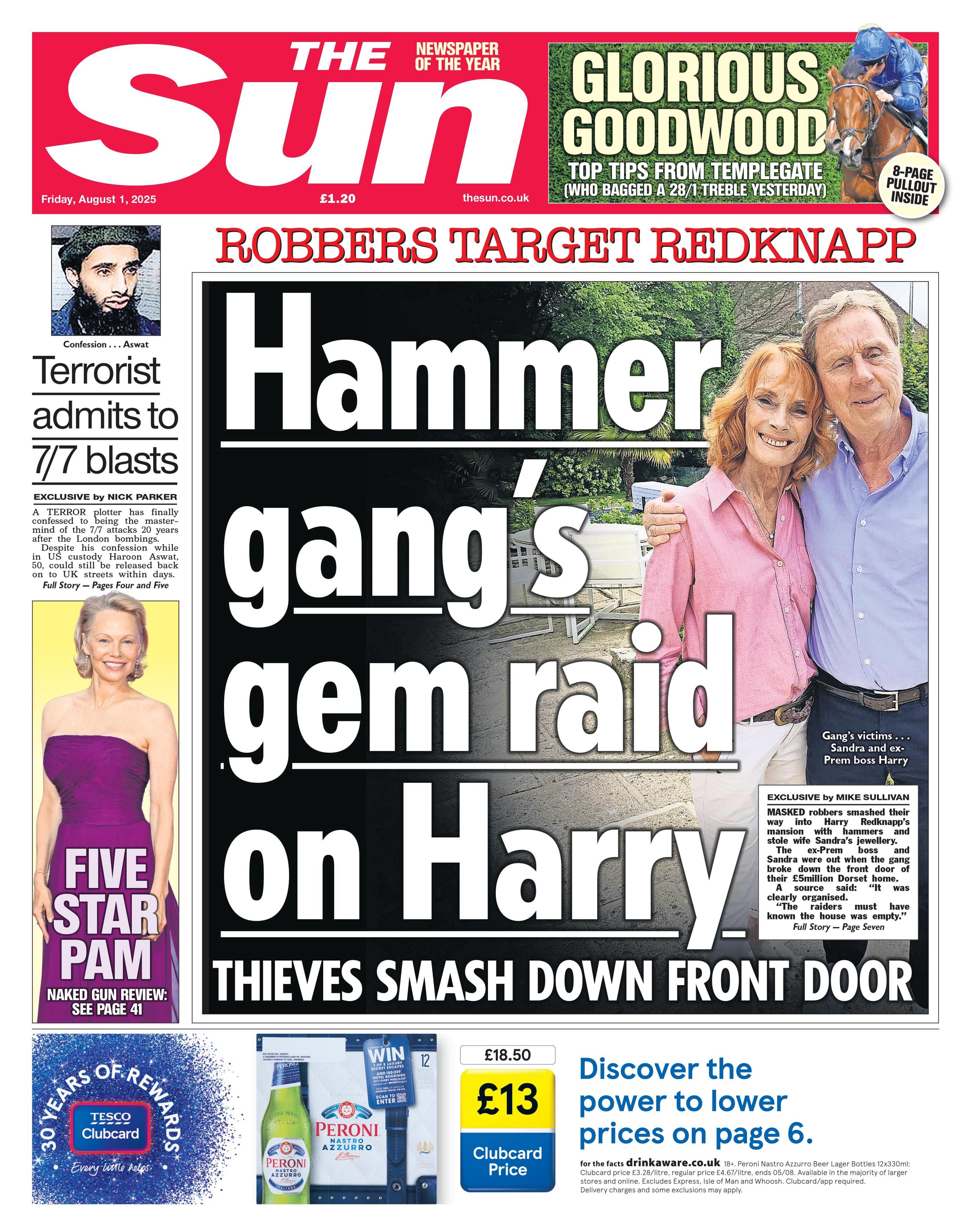 The headline on the front page of the Sun reads: "Hammer gang's gem raid on Harry".