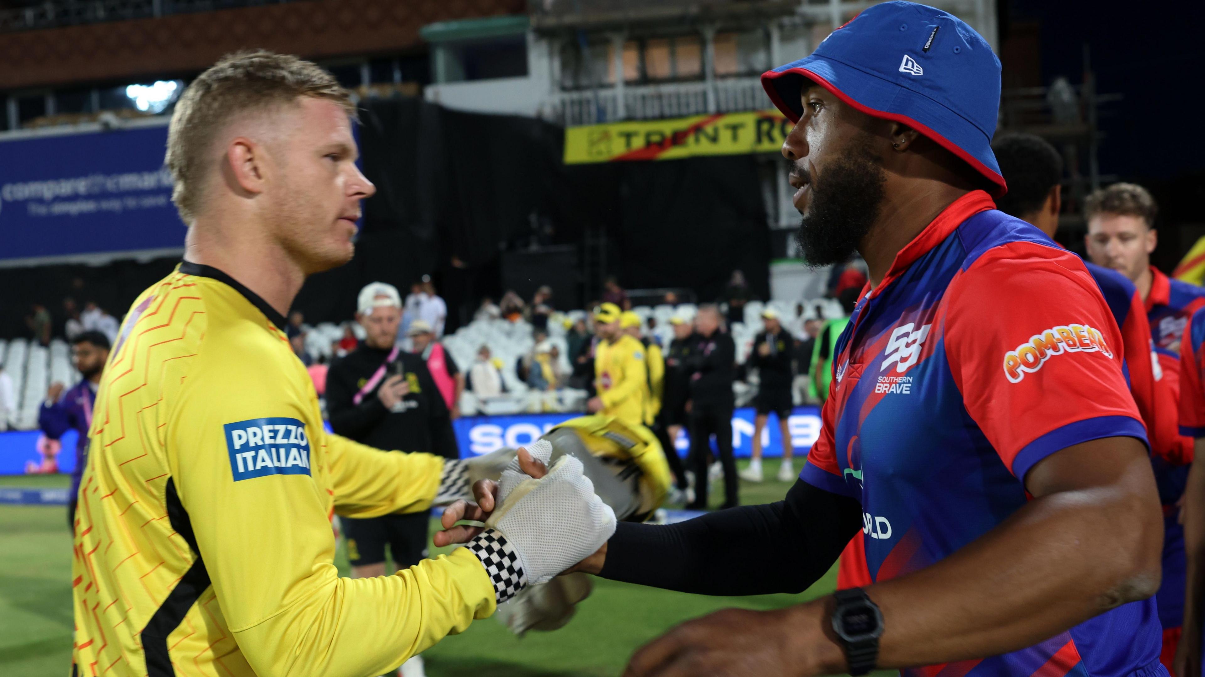 Trent Rockets captain Sam Billings and Southern Brave skipper Chris Jordan embrace after their match in the Hundred