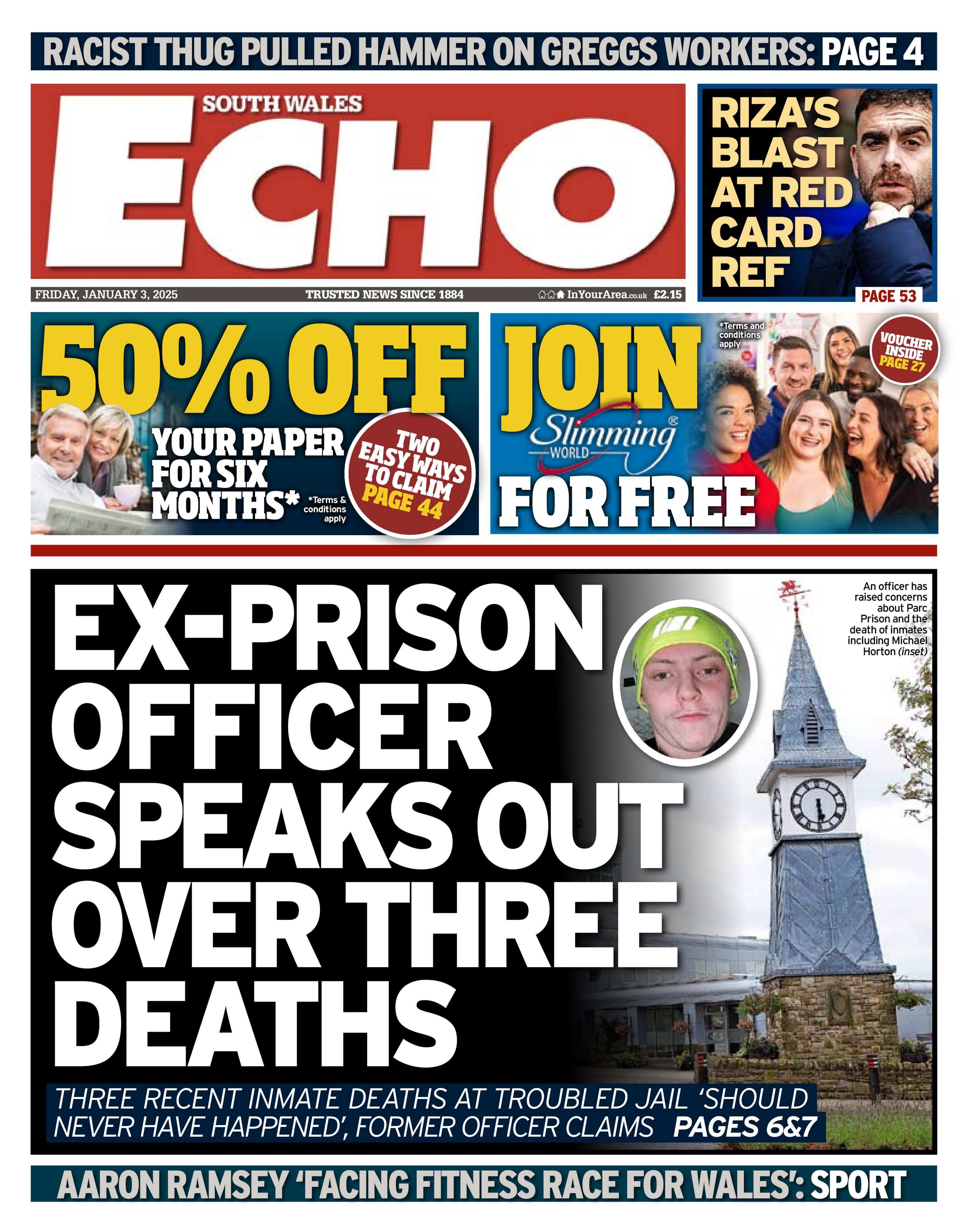 The front page of the South Wales Echo