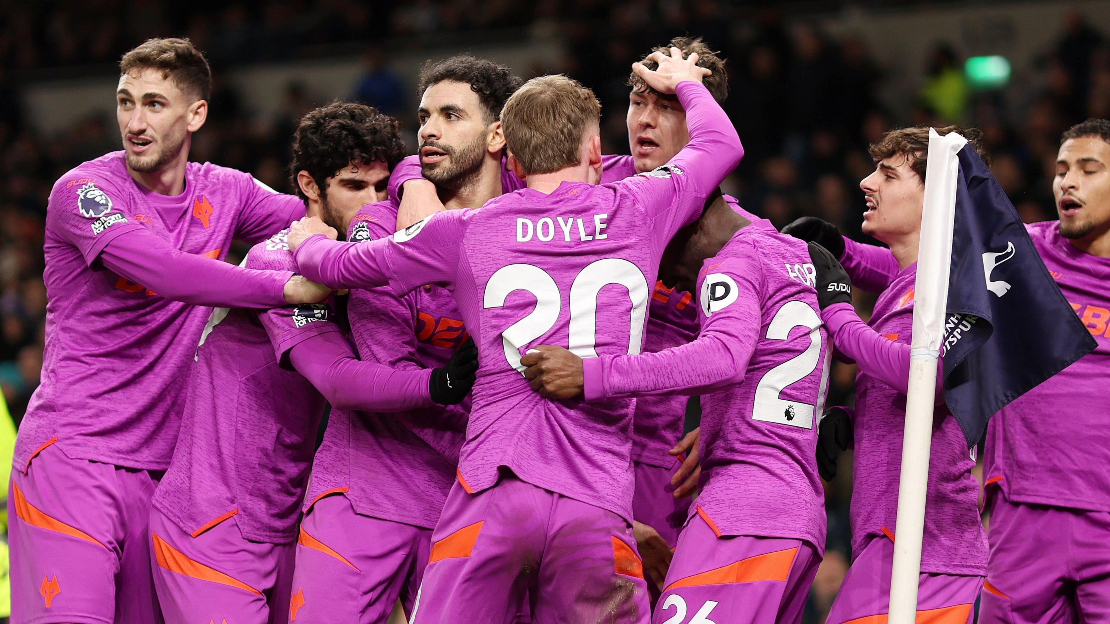 Jorgen Strand Larsen celebrates his equaliser with his Wolves team-mates