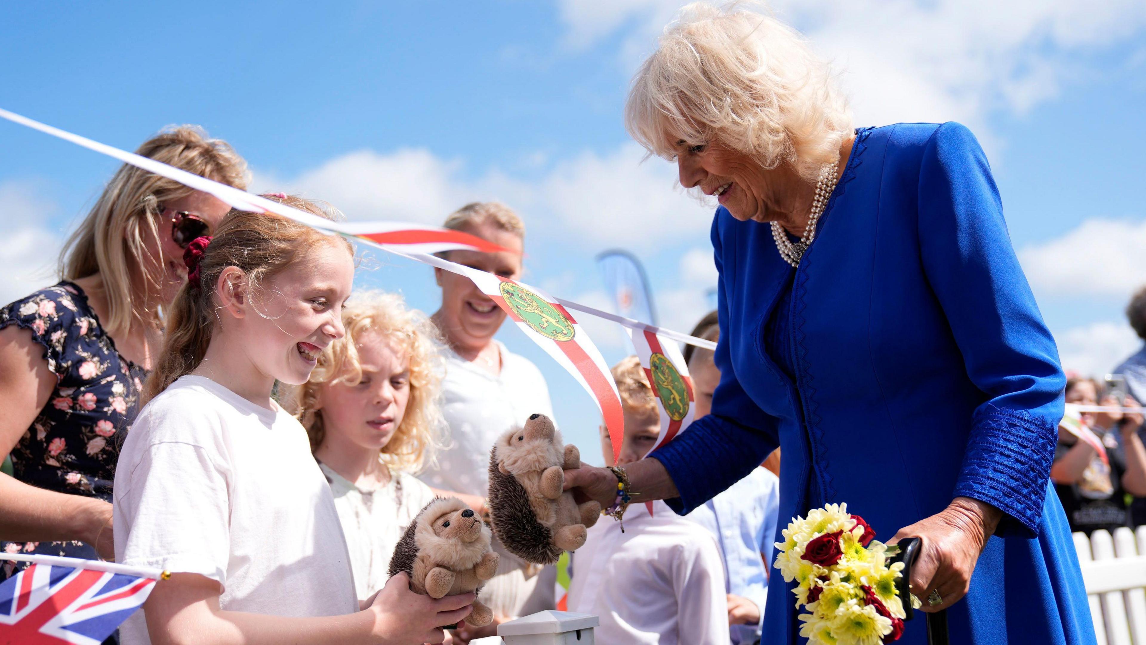 Queen Camilla during a visit to Les Cotils at L'Hyvreuse, in Saint Peter Port, Guernsey during their two day visit to the Channel Islands