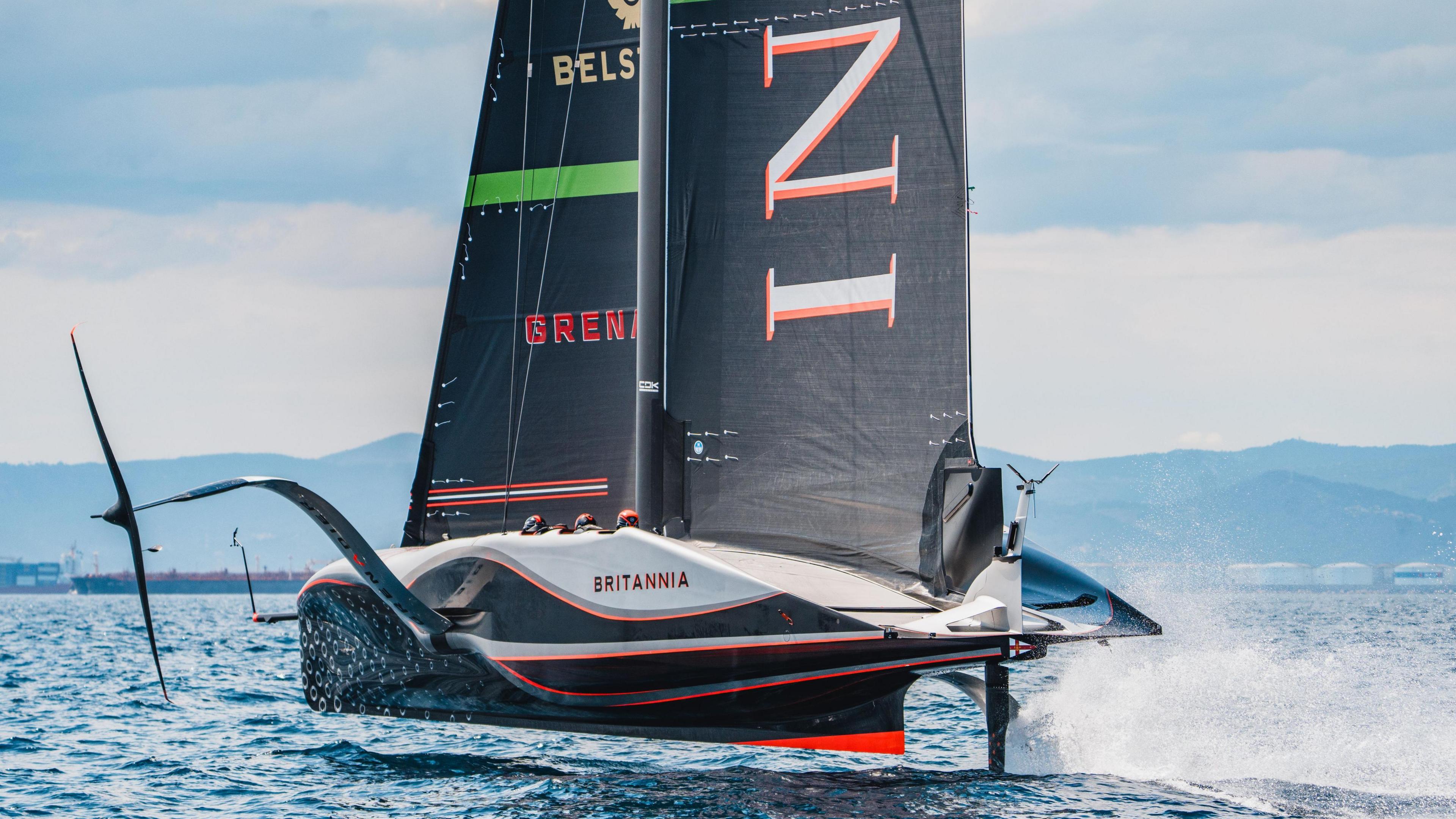 Ineos Britannia cuts through the water on a training sail