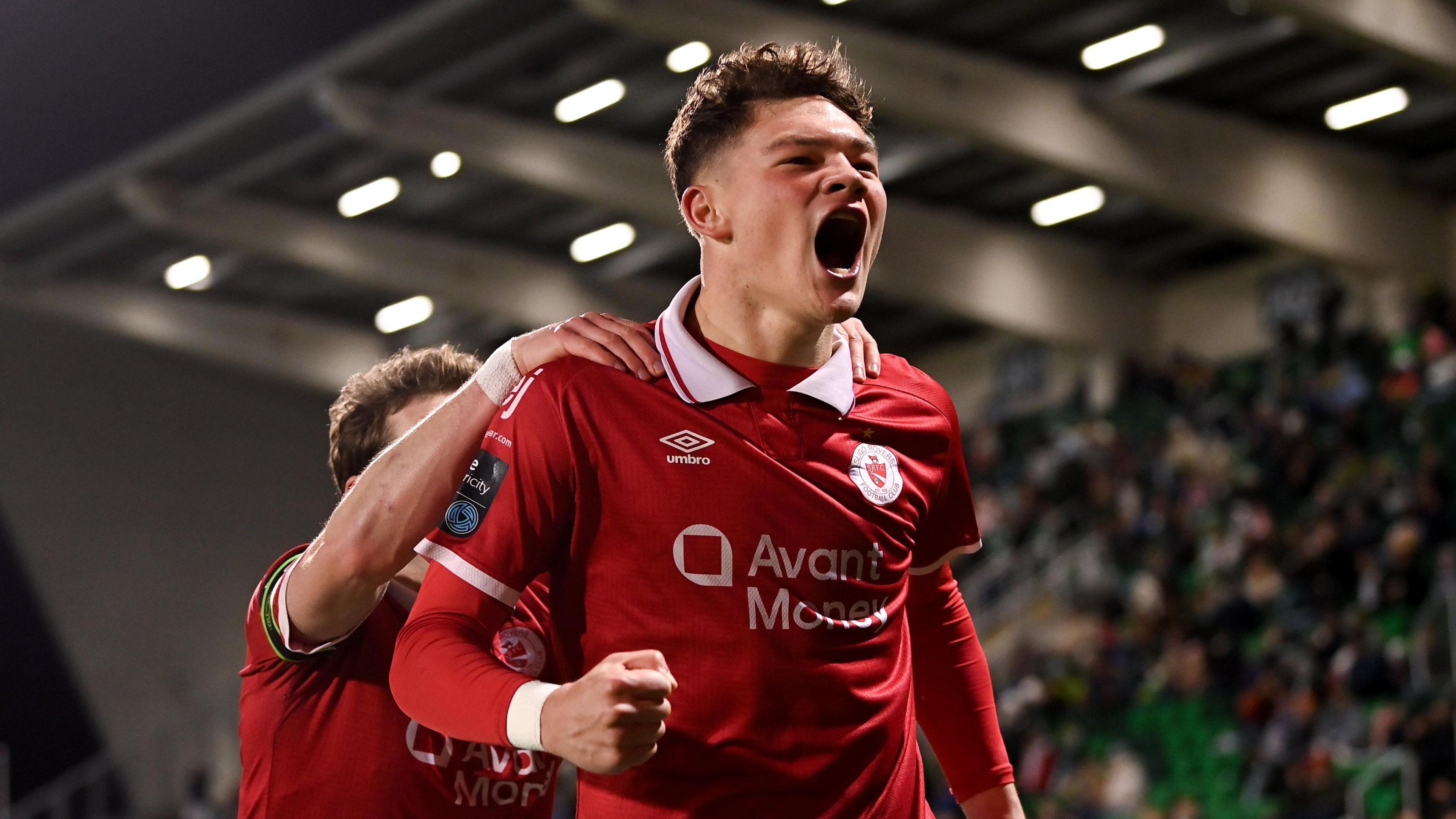Owen Elding celebrates scoring for Sligo Rovers