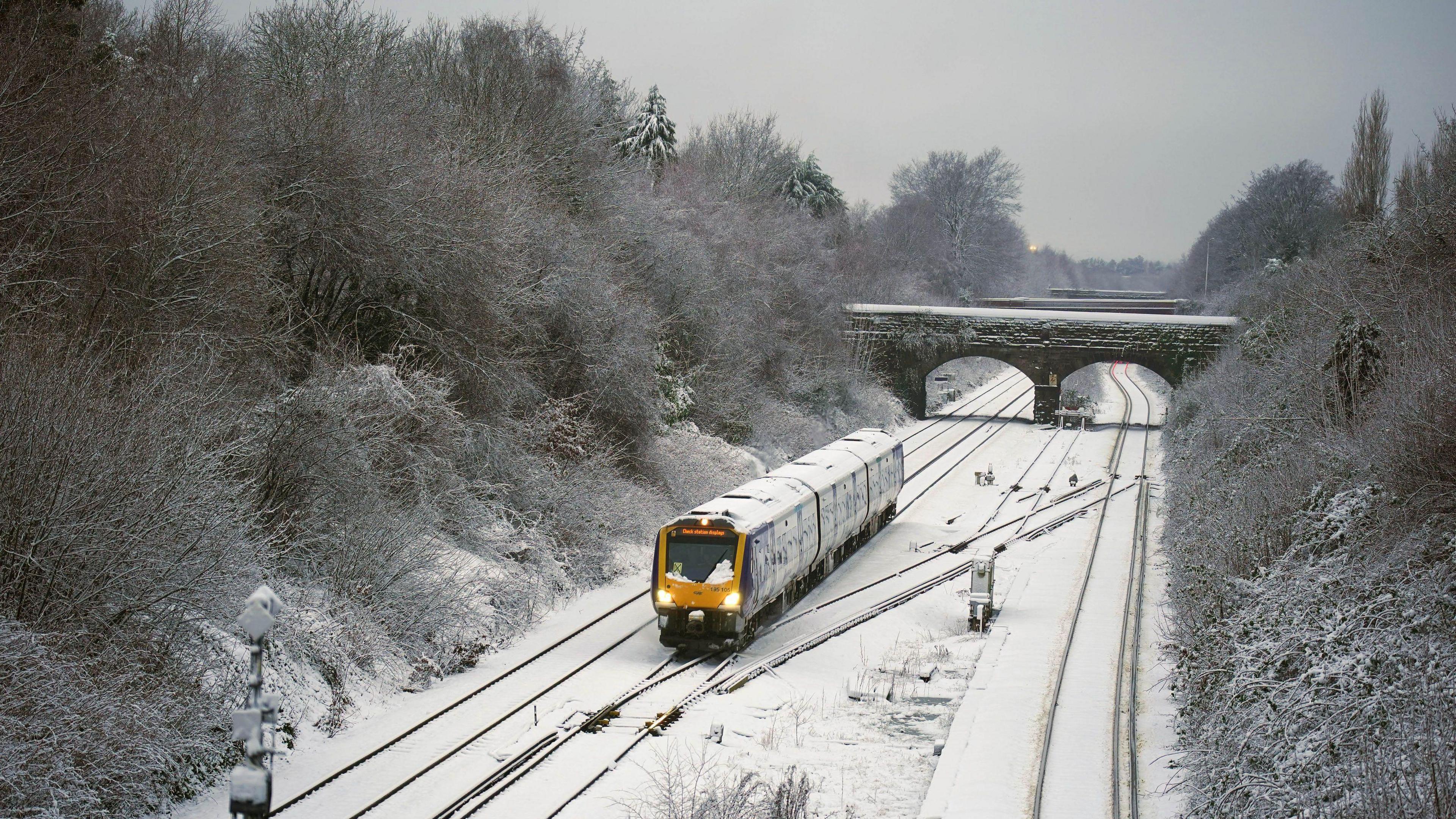 A train travelling through the snow.