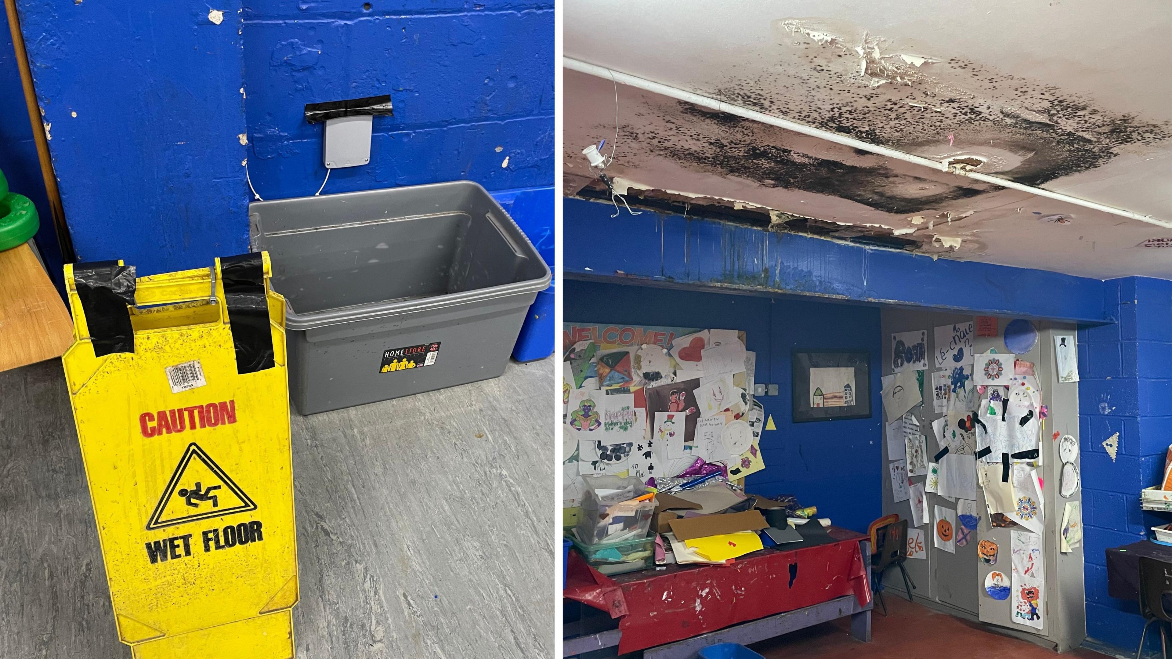 A wet floor warning sign and a photo showing black mould on ceiling