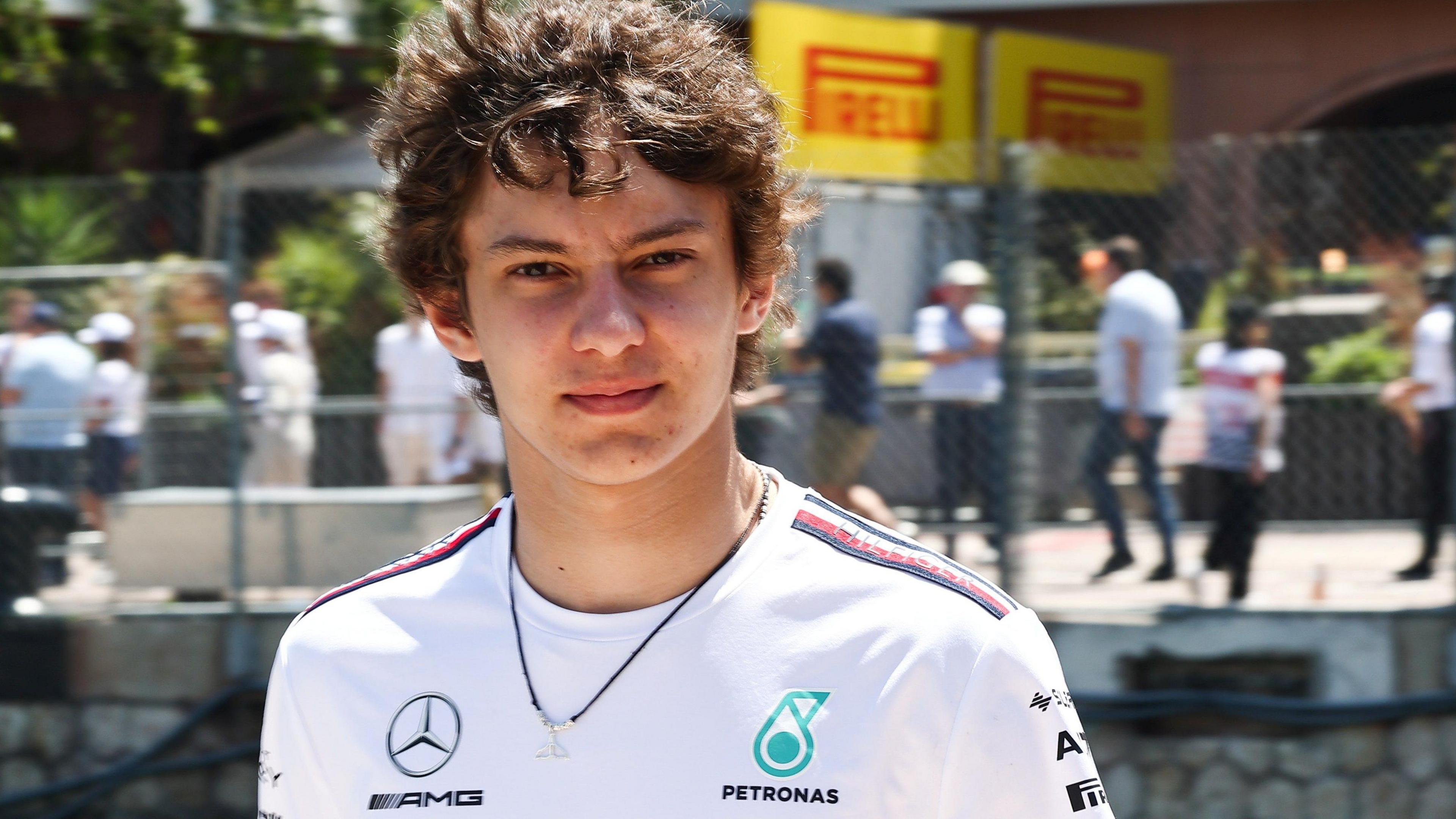 Kimi Antonelli pictures wearing a Mercedes t-shirt at Monaco in 2023, when he was 16