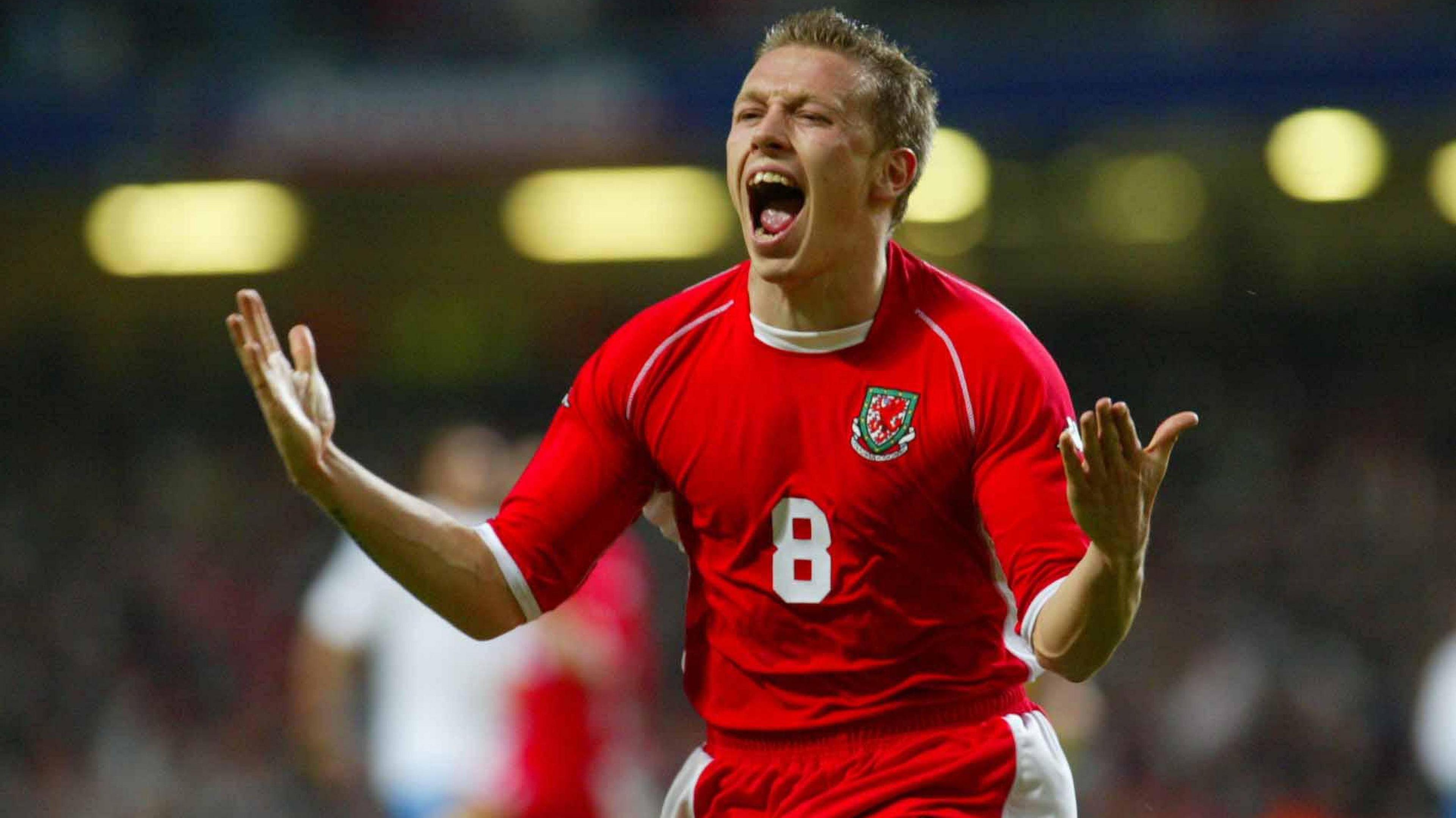 Craig Bellamy celebrates scoring for Wales against Italy