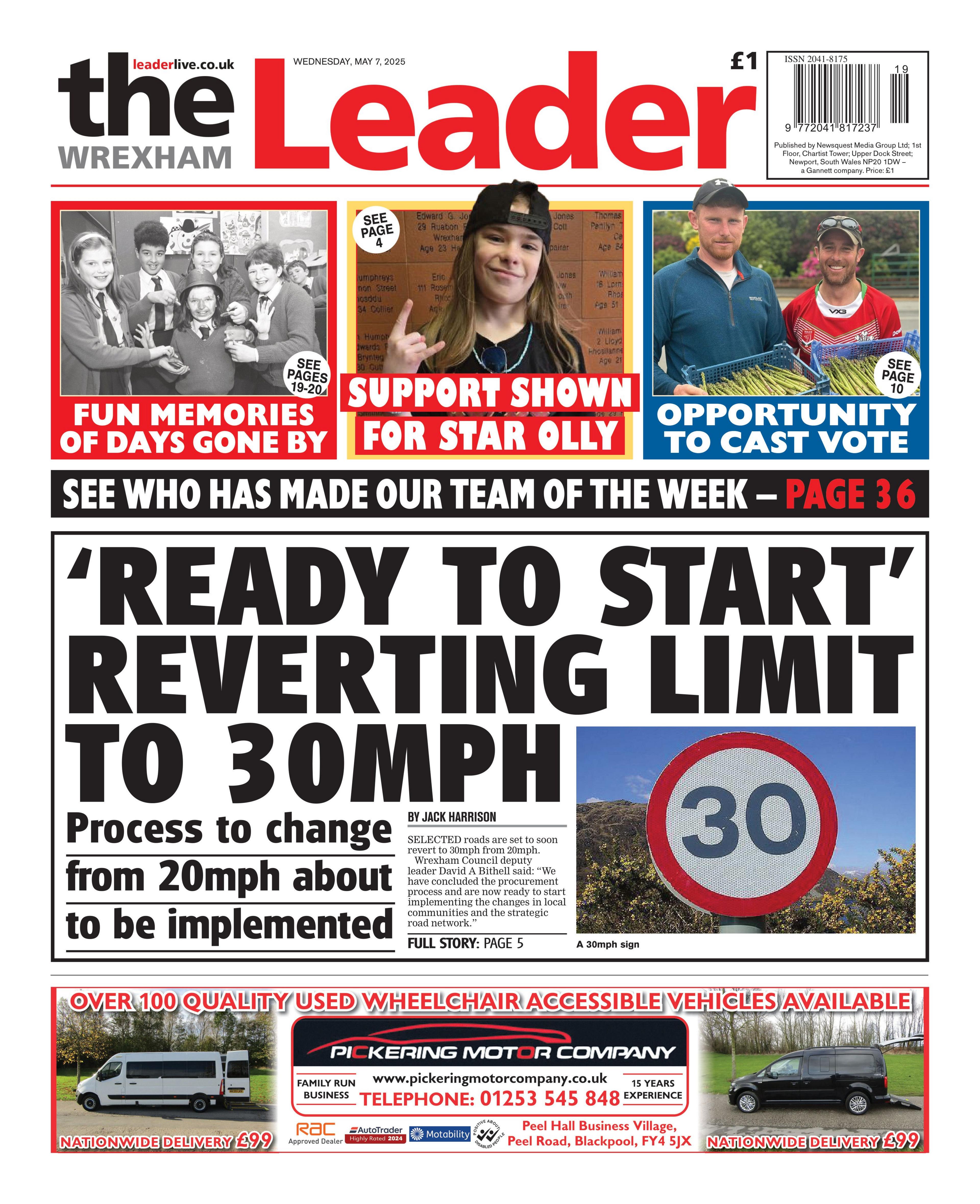 Front page of the Wrexham Leader showing a picture of a 30 miles per hour sign an the headline, 'ready to start' in quotes, then reverting liming to 30mph 