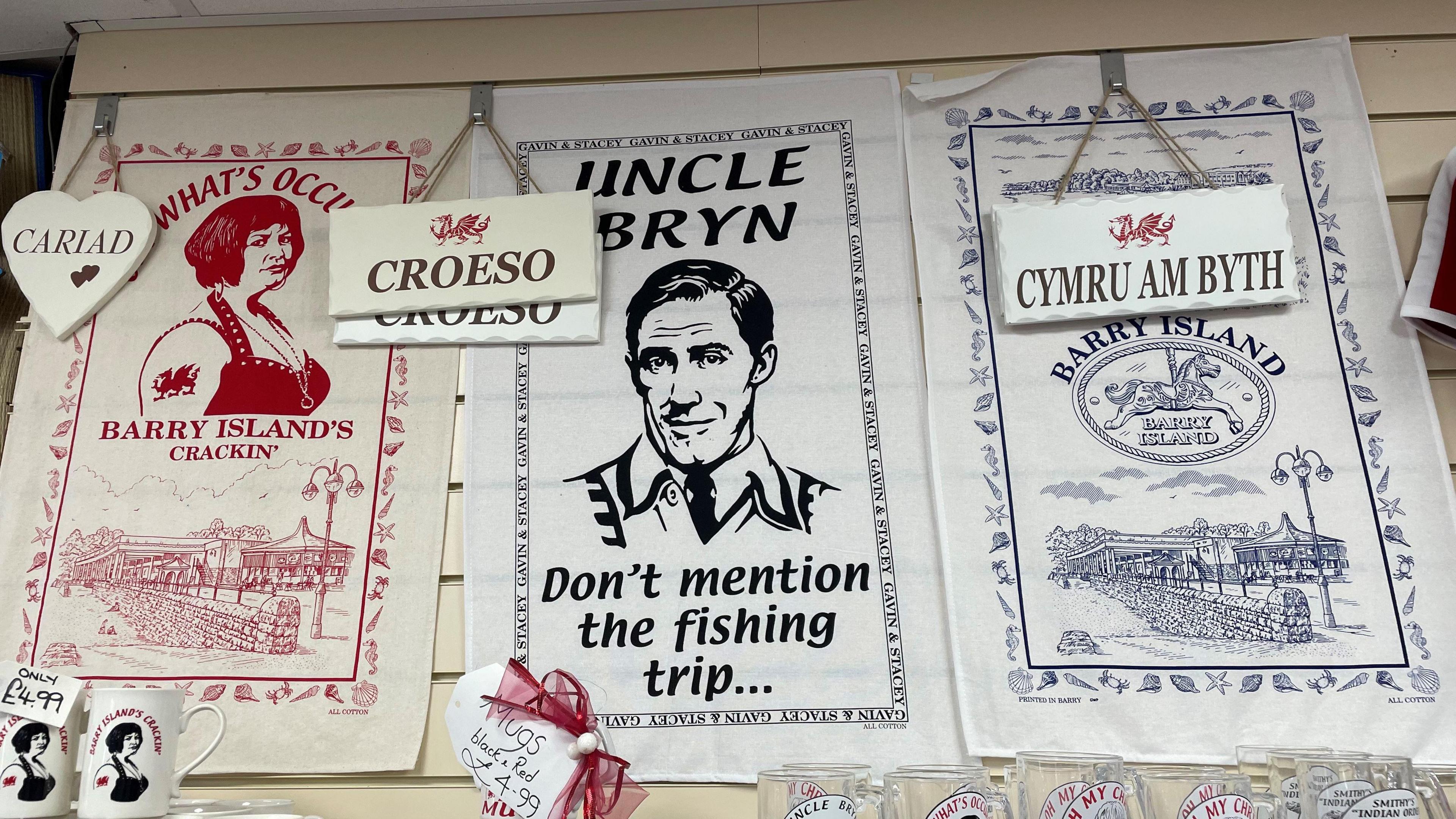 A selection of Gavin & Stacey inspired tea towels with characters including Nessa and Uncle Bryn