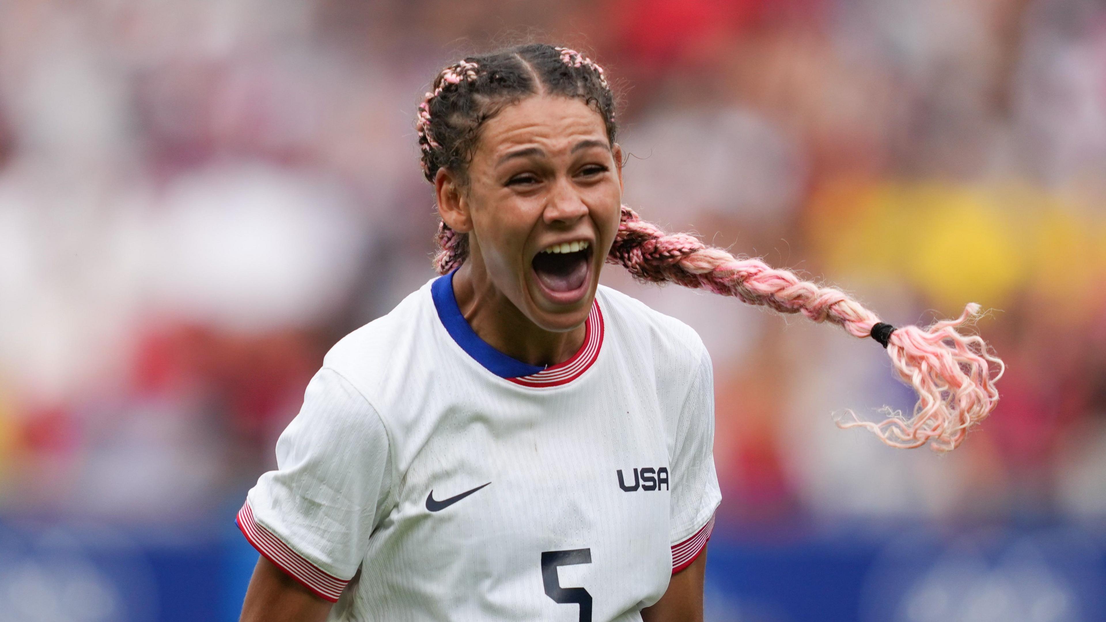 Trinity Rodman celebrates scoring for the USA