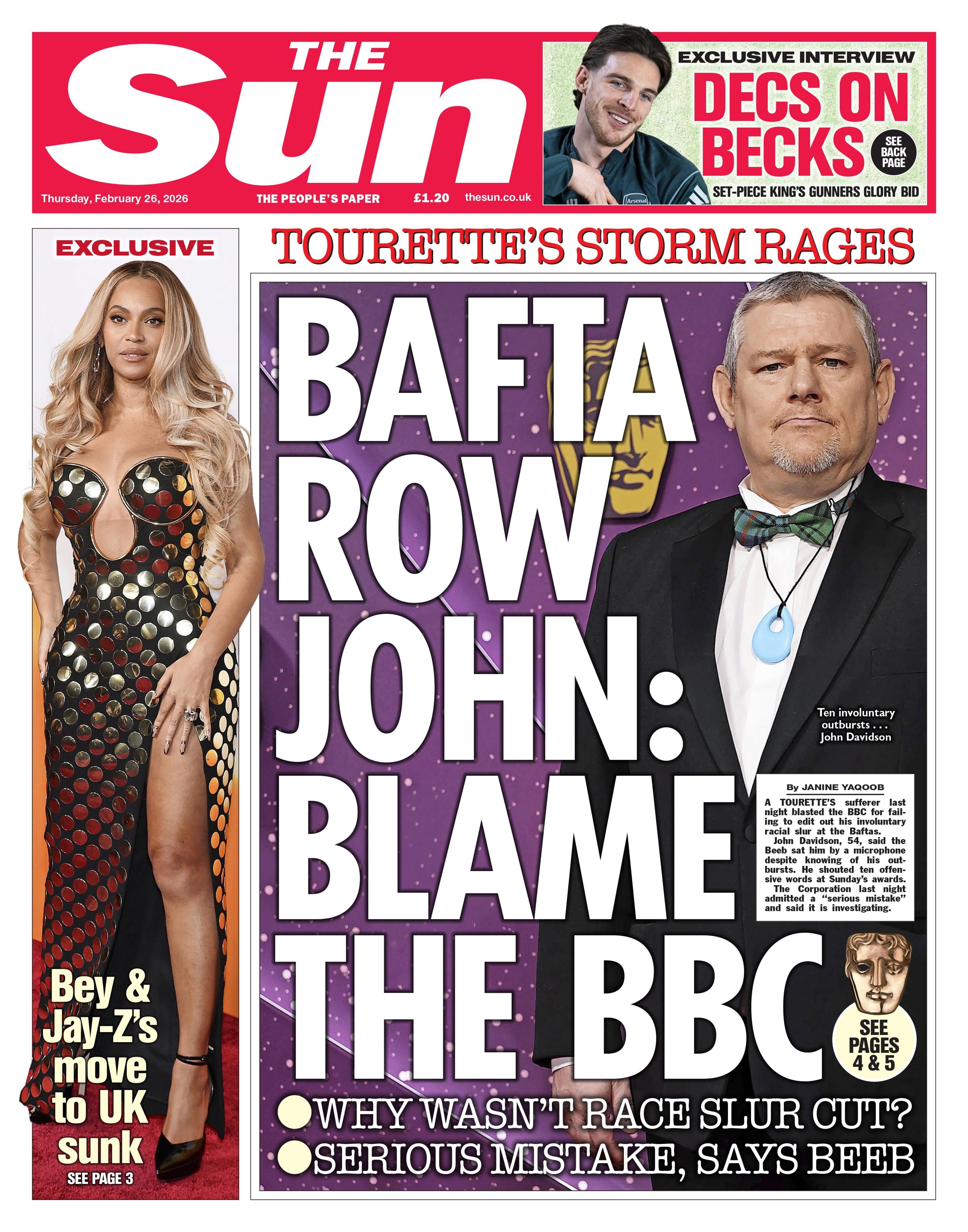 Titulli në faqen e parë të gazetës The Sun thotë: "Grindja për BAFTA-n, John: Fajësoni BBC-në".