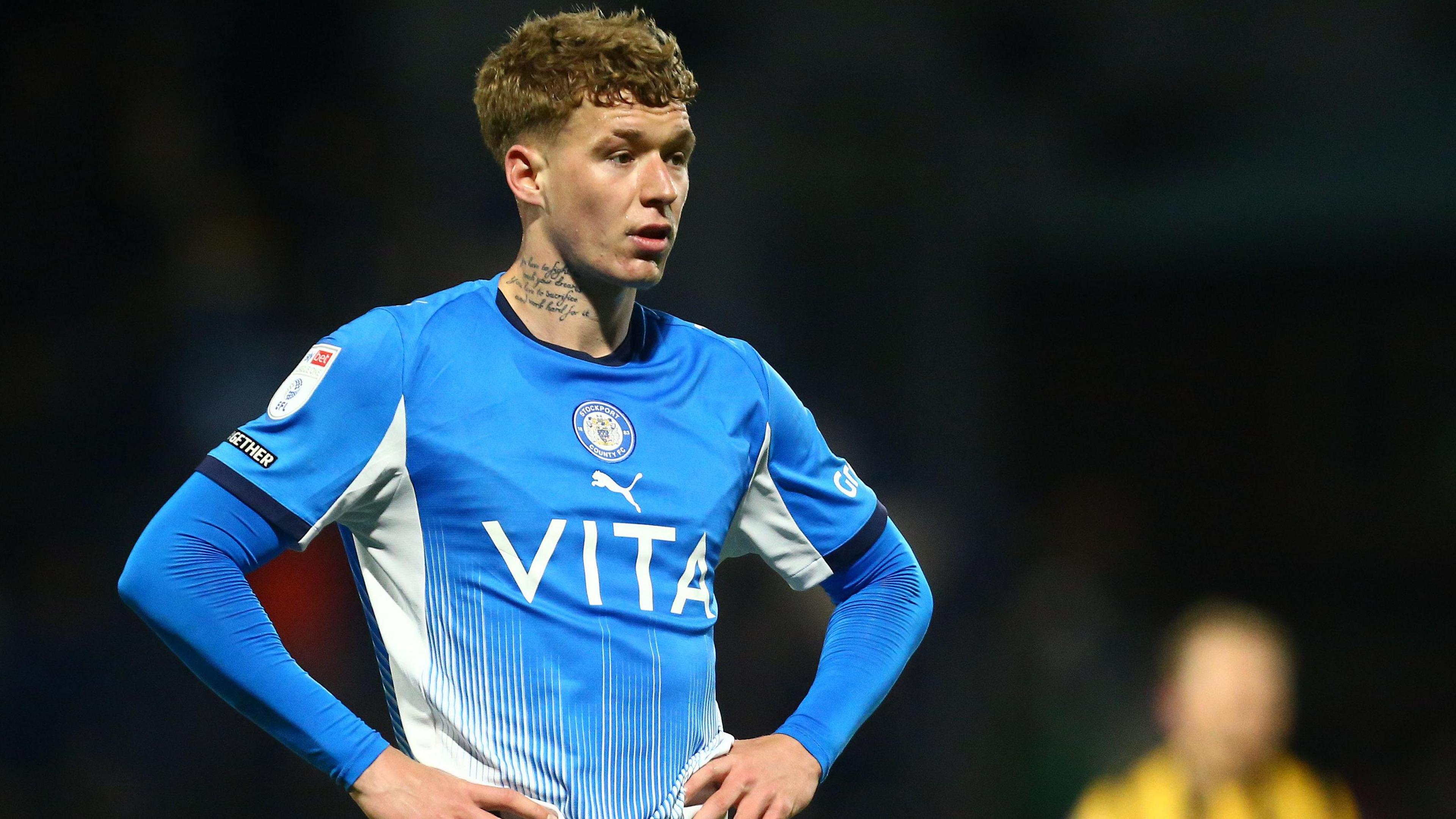 Christy Grogan in action for Stockport County against Port Vale last season.
