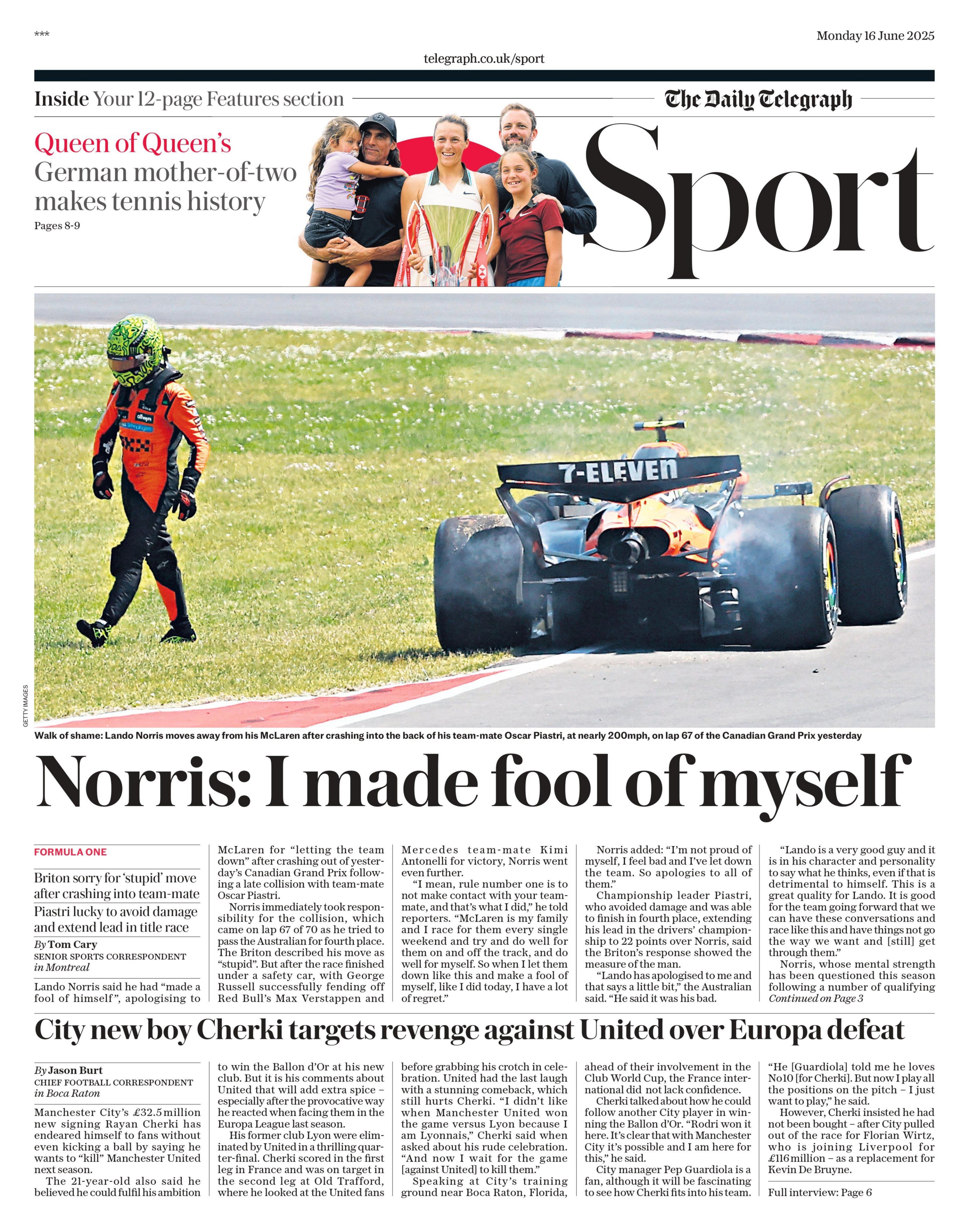 Monday's Daily Telegraph Sport front page