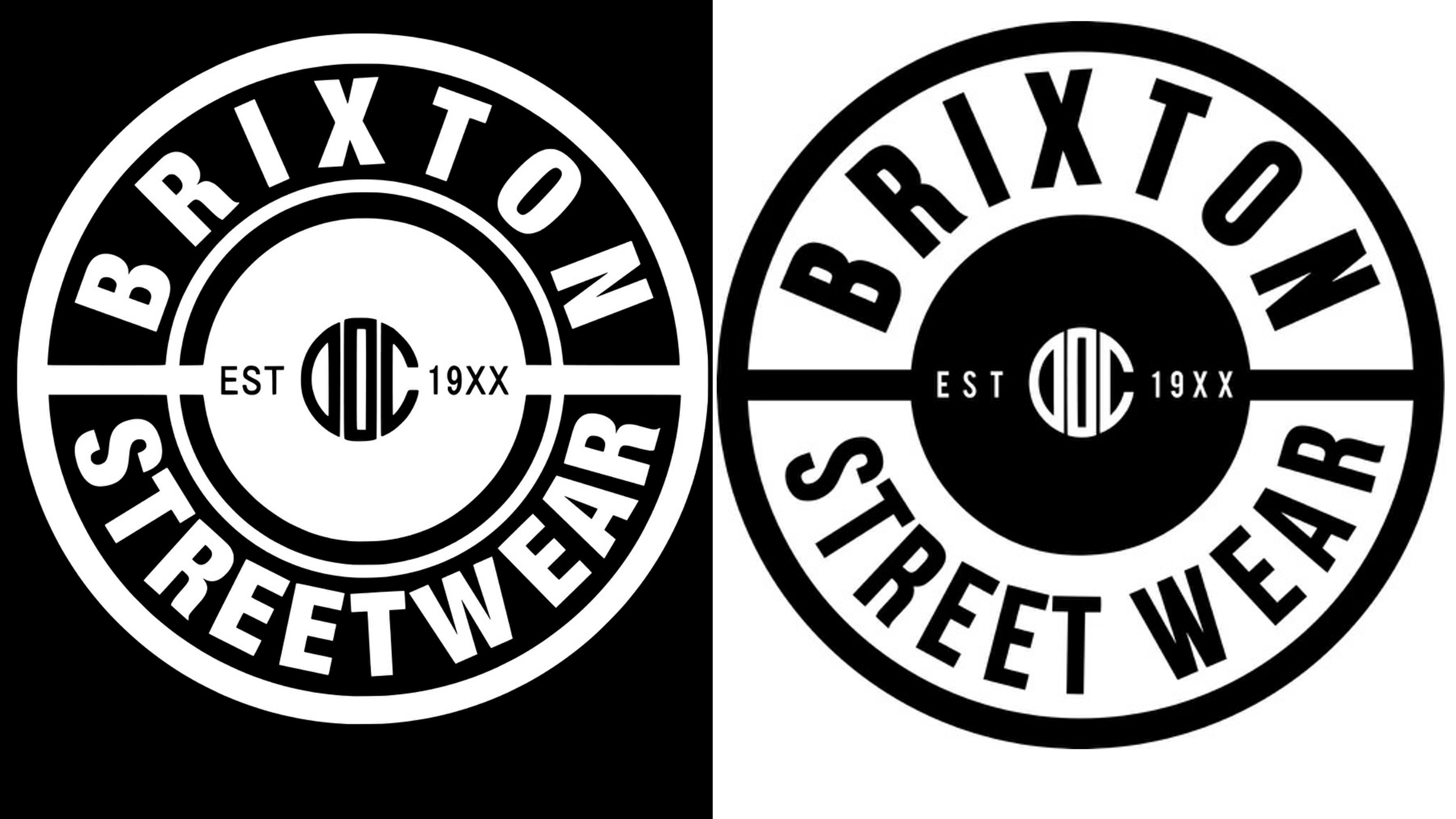 The logo on the left has the words Brixton Street Wear in white writing on black in a circle and in the middle of the circle are the words 'EST DOC 19XX'. The old logo on the write is the same shape but with black writing on a white background with larger font. 