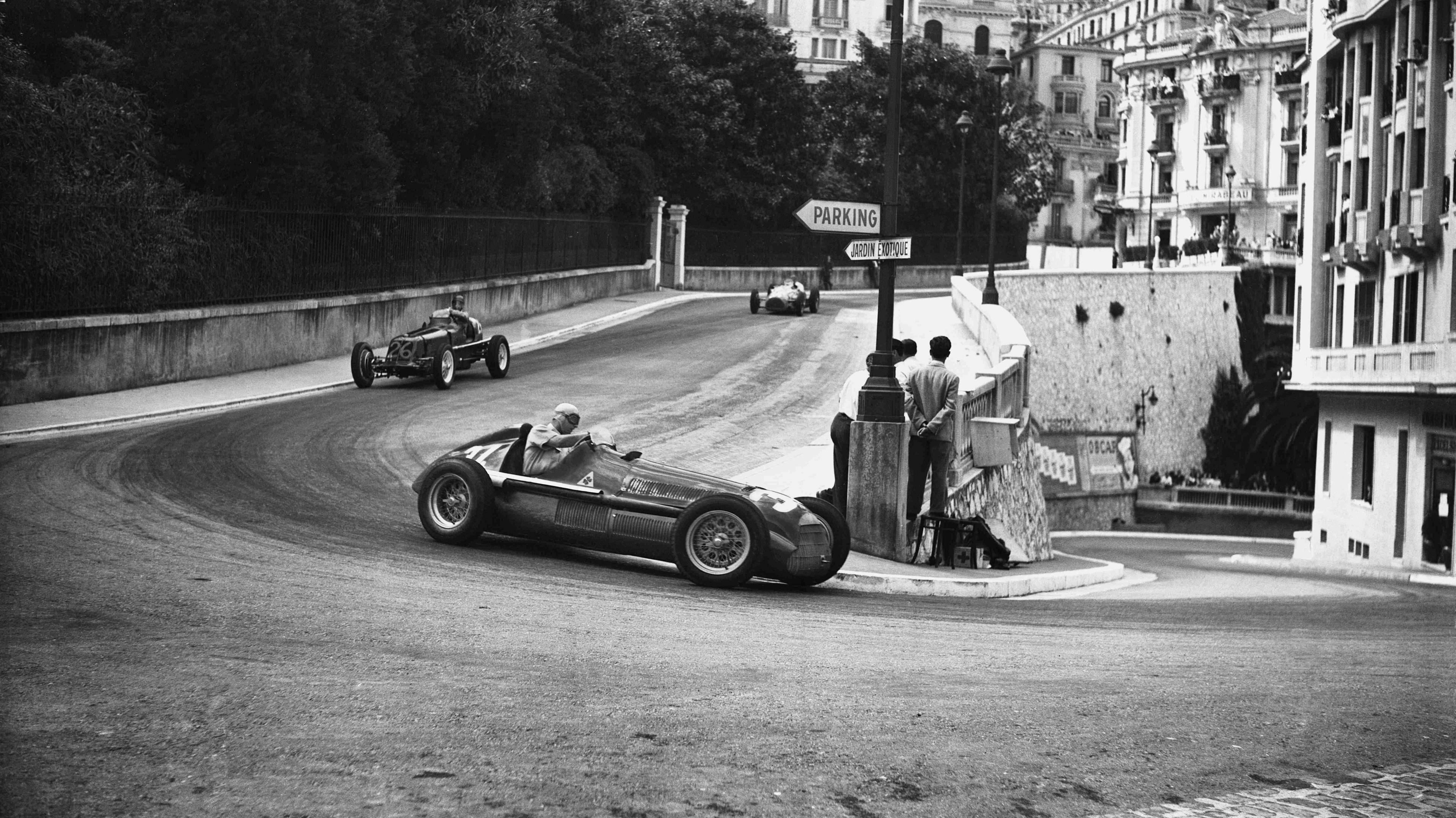 Juan Manuel Fangio steers his Alfa Romeo around the hairpin during the first F1 world championship race in Monaco in 1950
