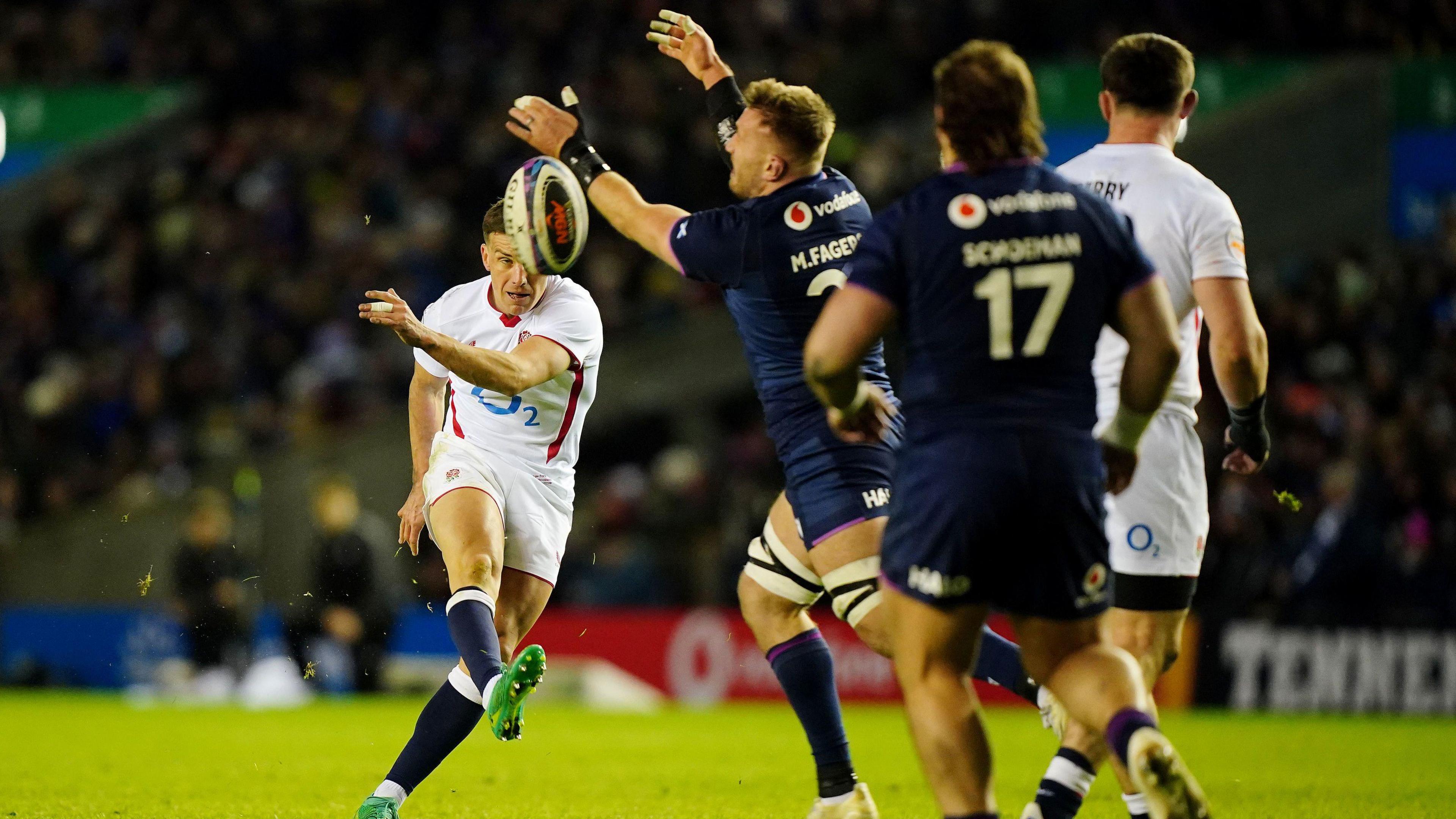 George Ford's kick is charged down by Matt Fagerson