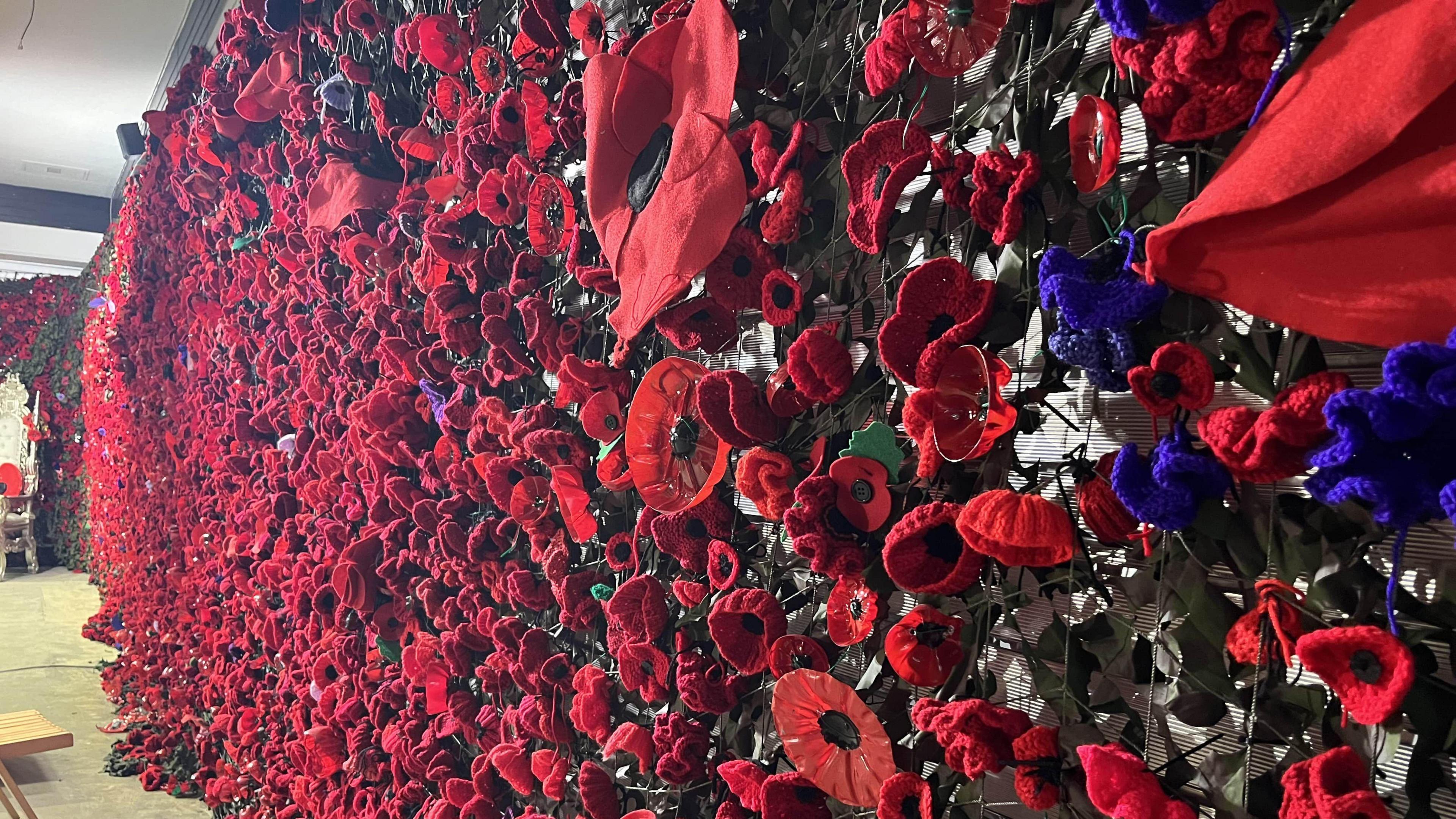 A wall of poppies hangs in a room. The bright red flowers have been stitched to a green net and completely covers the wall.