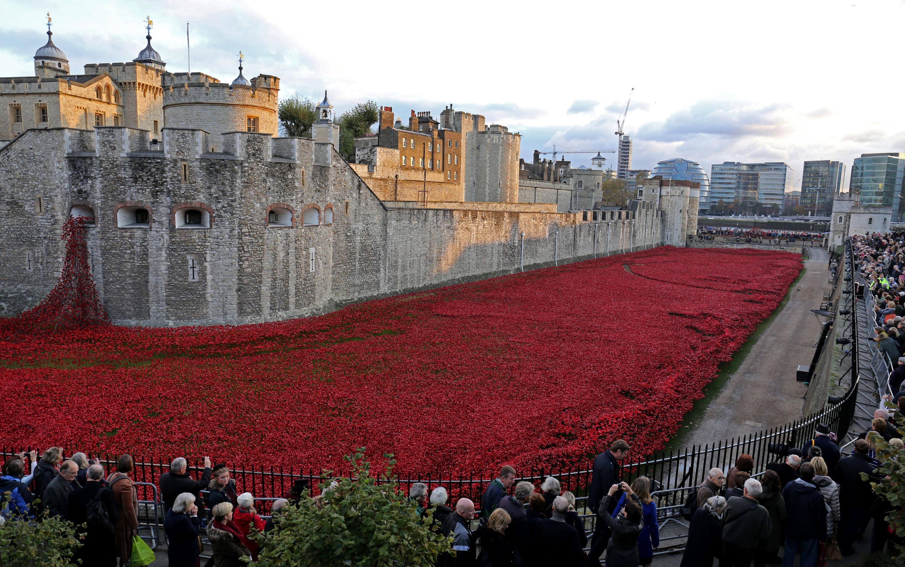 People view the Tower of London moat filled with ceramic poppies