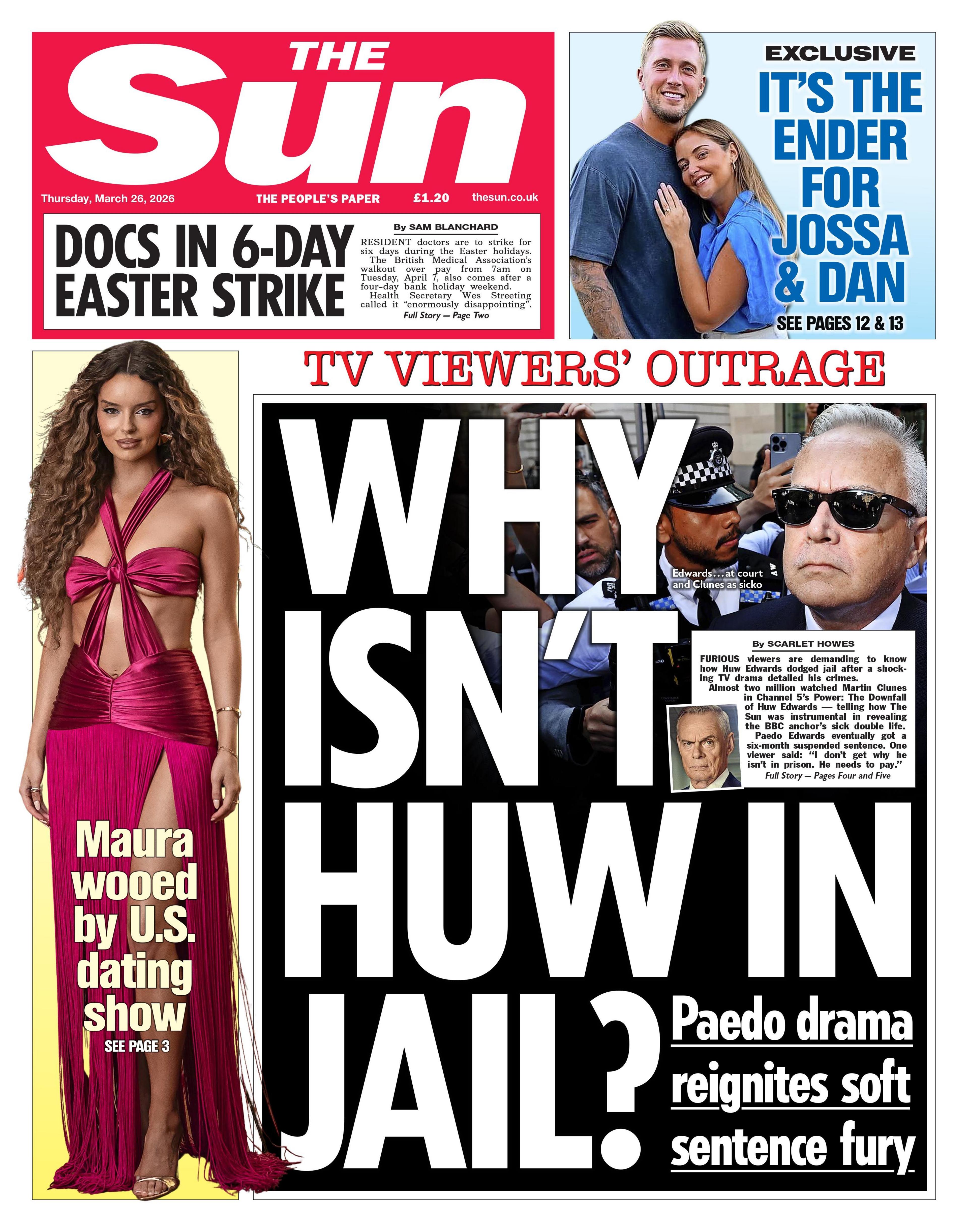 Titulli në faqen e parë të gazetës The Sun thotë: "Pse Huw nuk është në burg?"