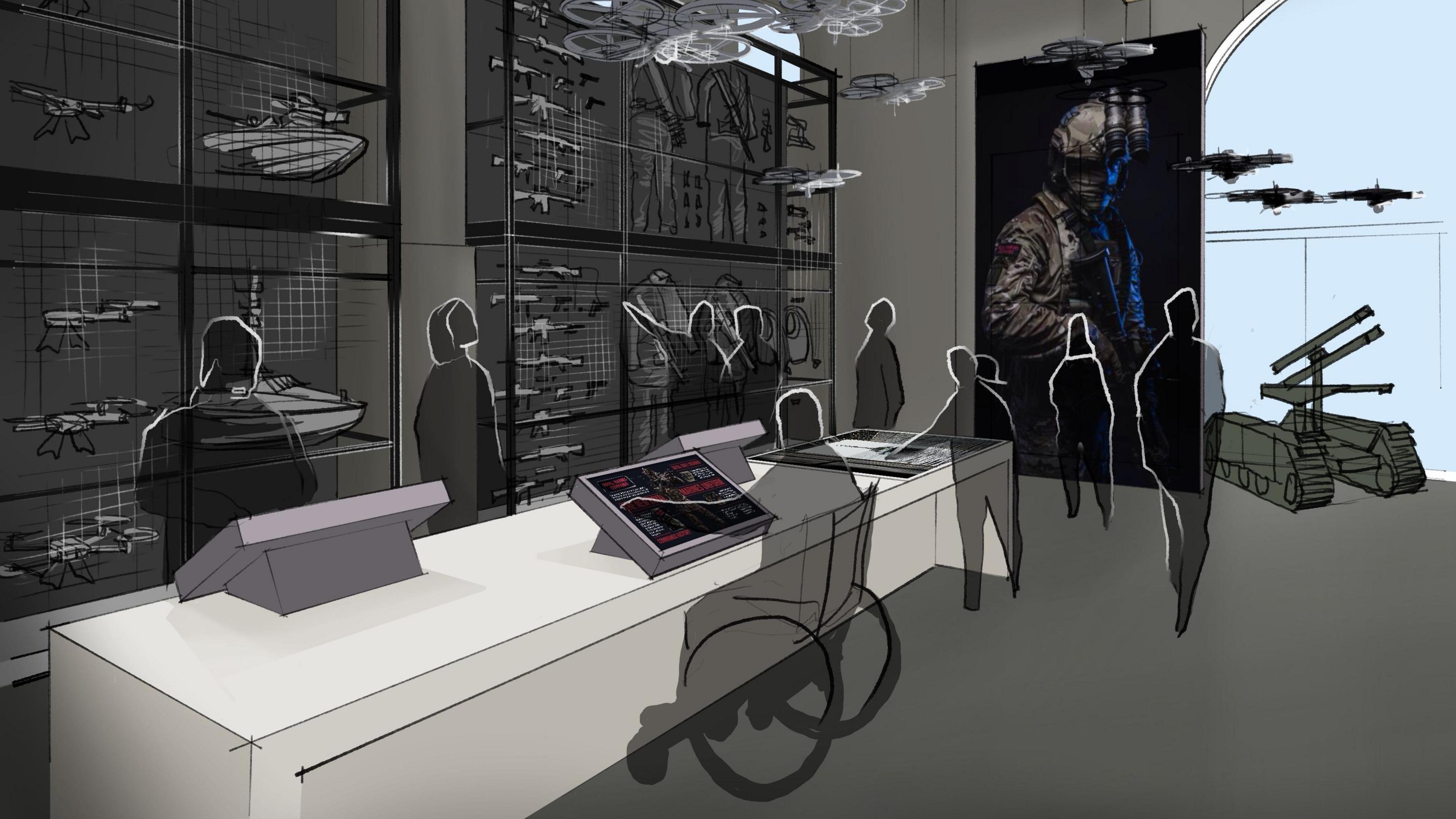 An artist's impression of a grey room with a grey floor. There is a white bench in the middle with three screens on. A person in a wheelchair is sat looking at one. There are other people in the room pointing to exhibits of ships on the walls. In the corner there is a tank.