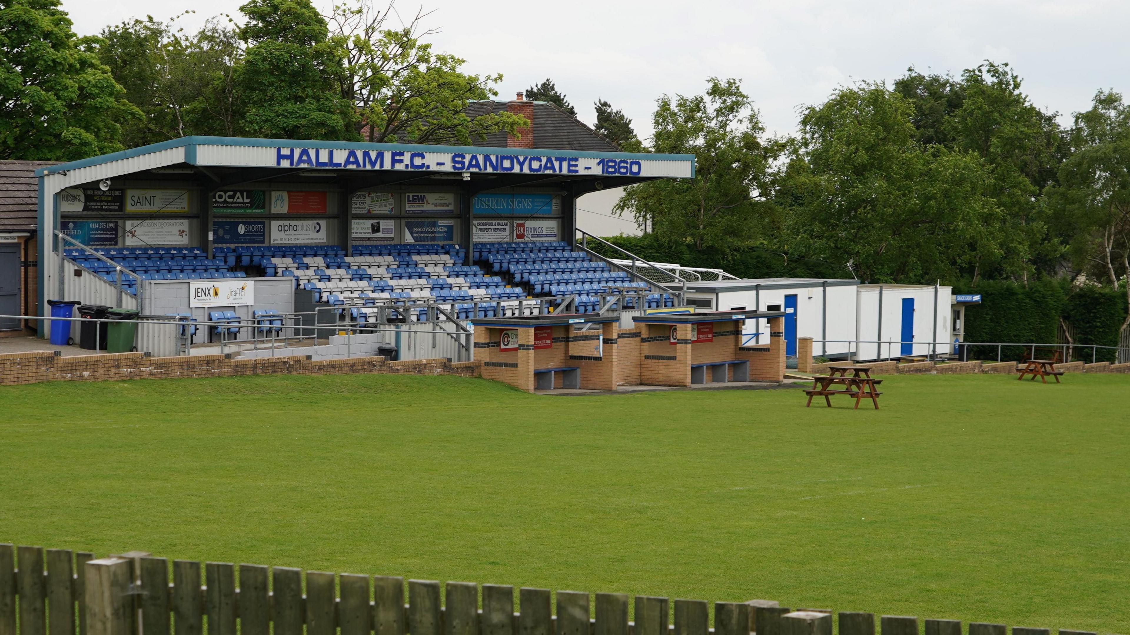 A view of the main stand at Sandygate, the home of Hallam FC and world's oldest football ground.