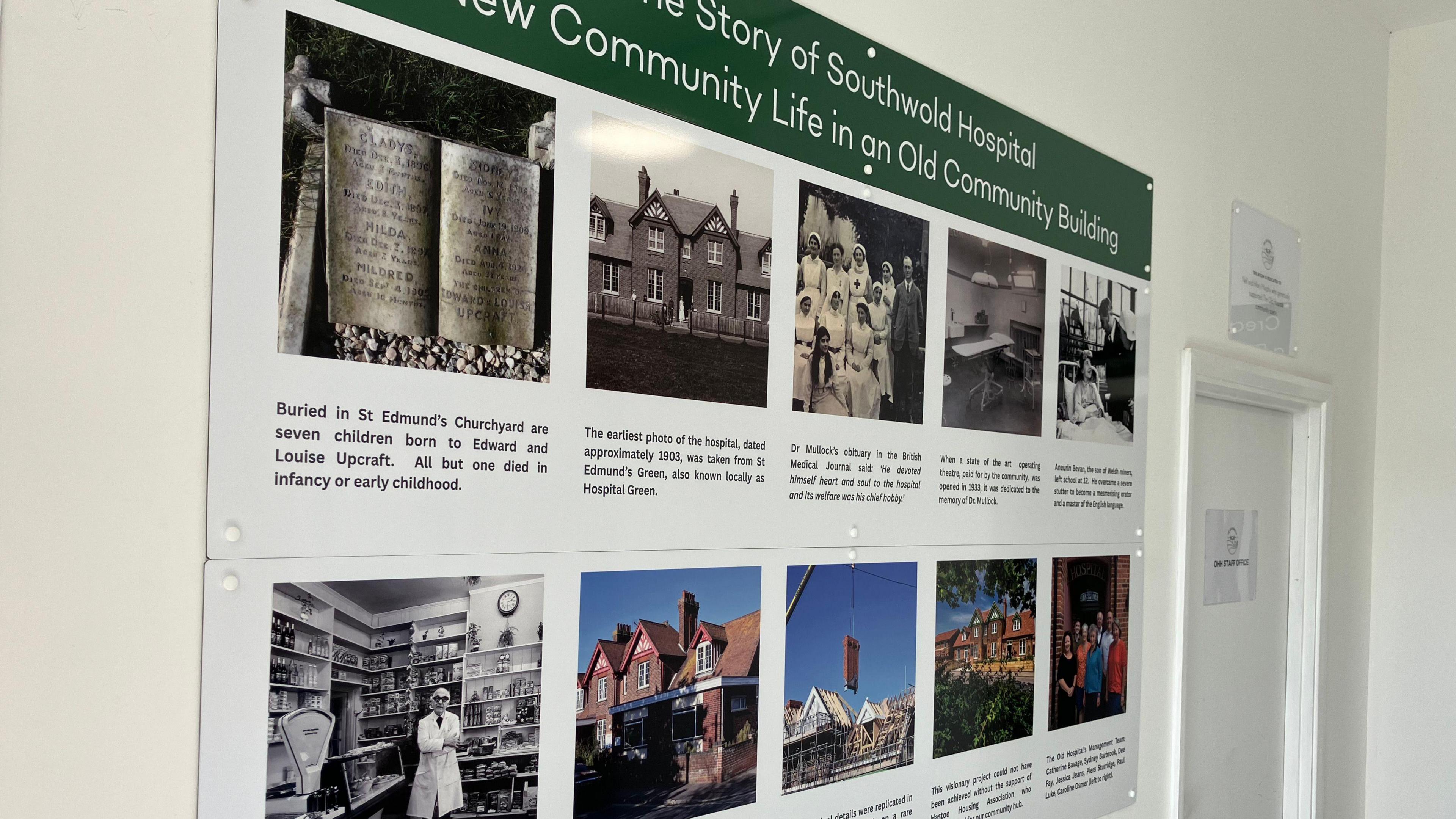 A display board on a wall with pictures of nurses and the hospital building