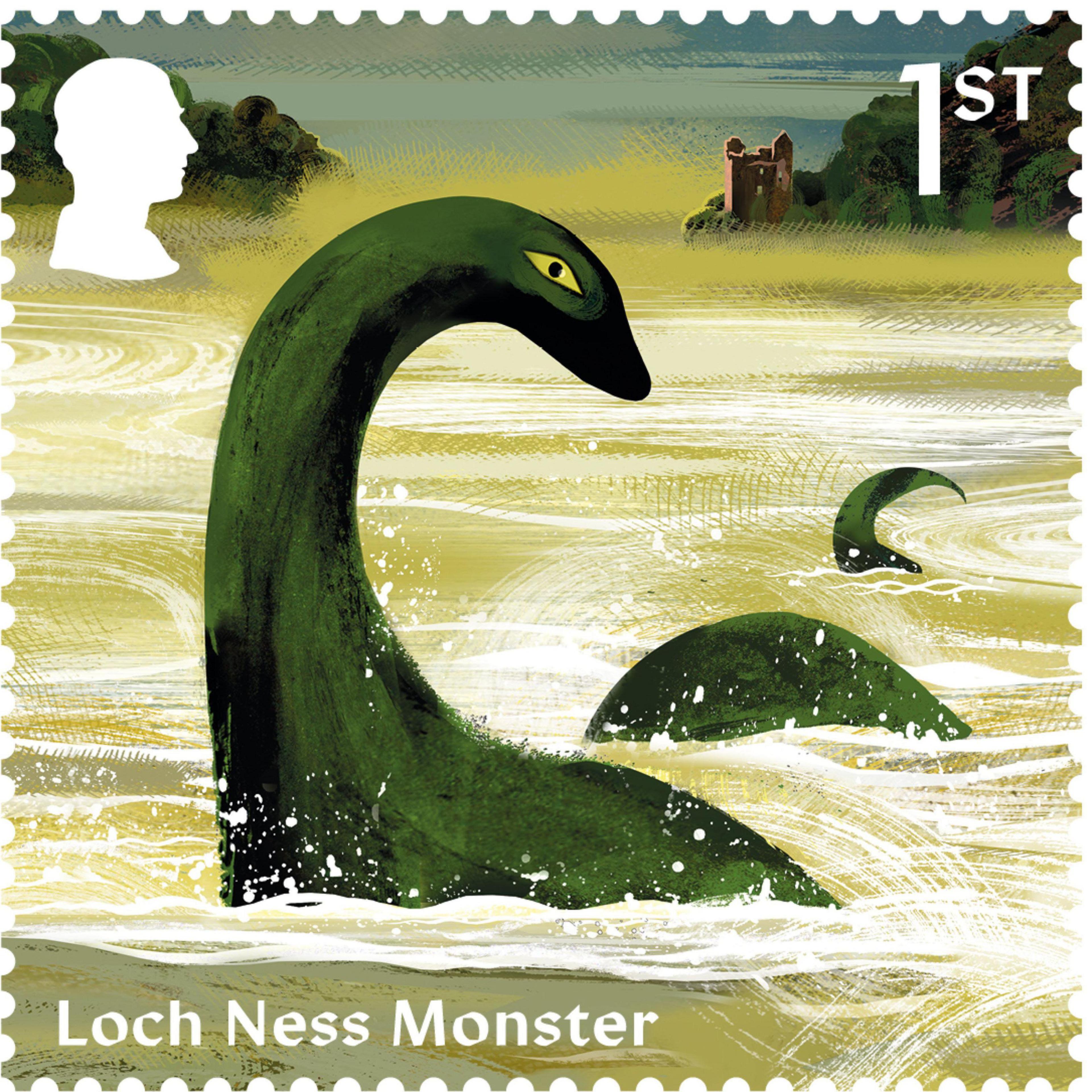 New stamp shows an illustration of The Loch Ness Monster. A green snake-like creature appears above the water of a lake. In the background there is a castle and mountains. 