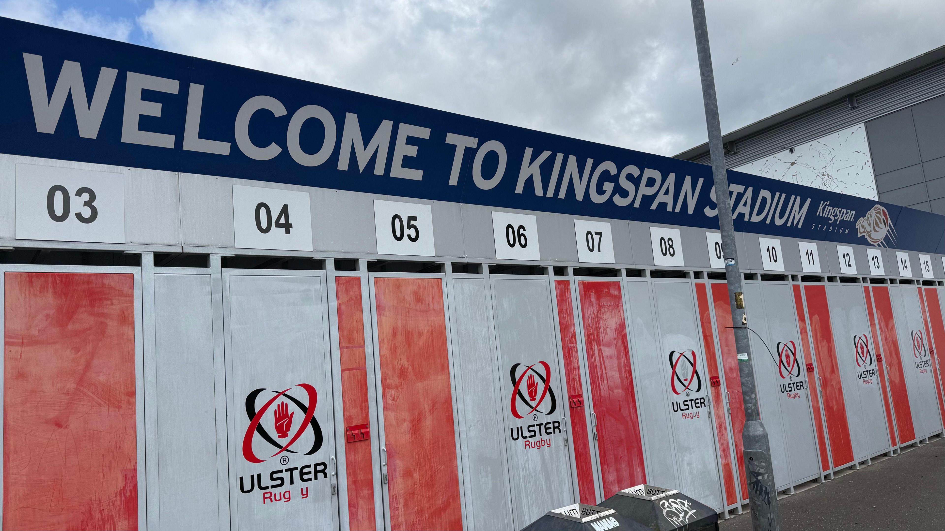 A sign reading Welcome to Kingspan Stadium with Ulster Rugby logos underneath