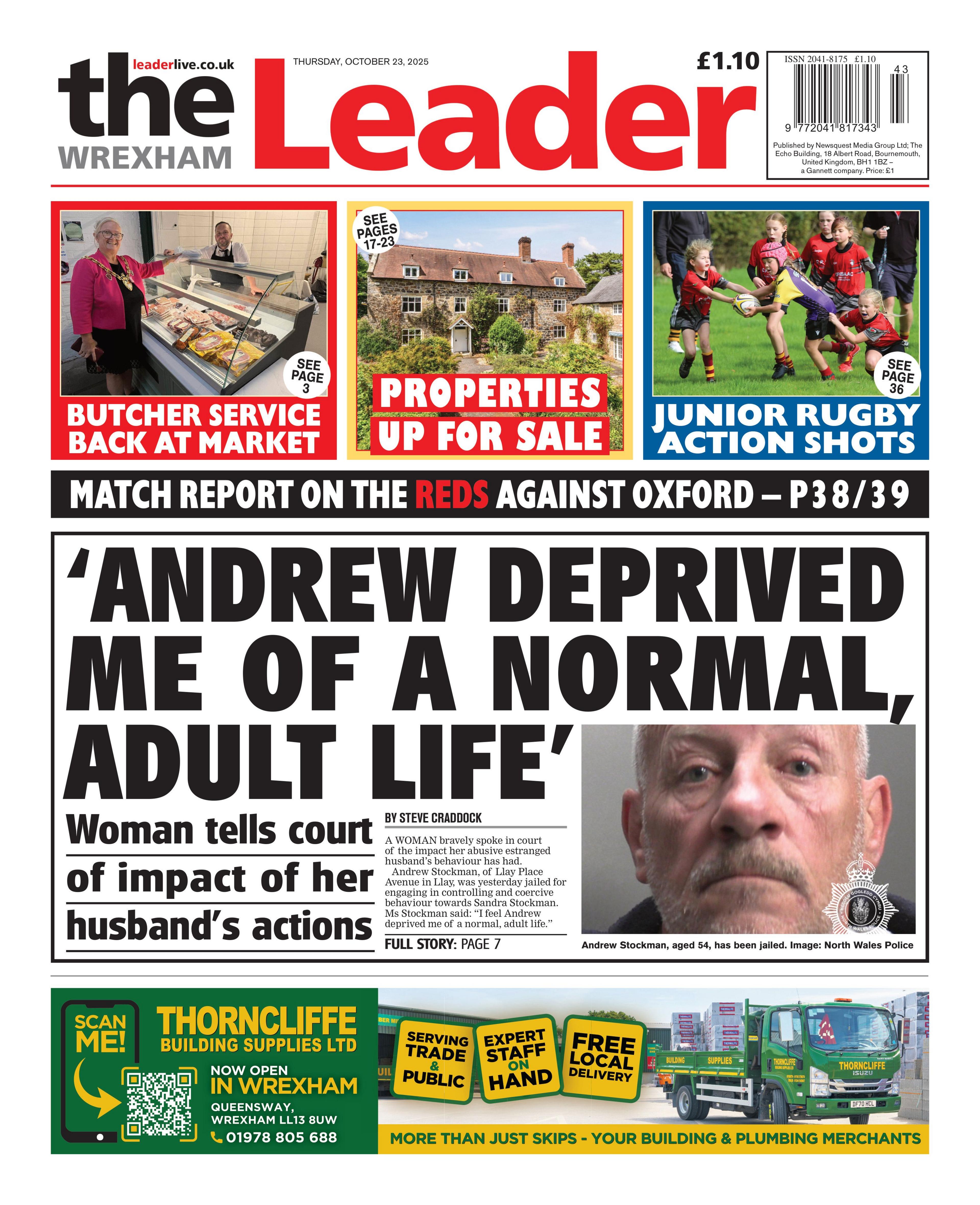 Main headline: ' "Andrew deprived me of a normal adult life" ' with a subheading of 'woman tells court of impact of her husband's actions'