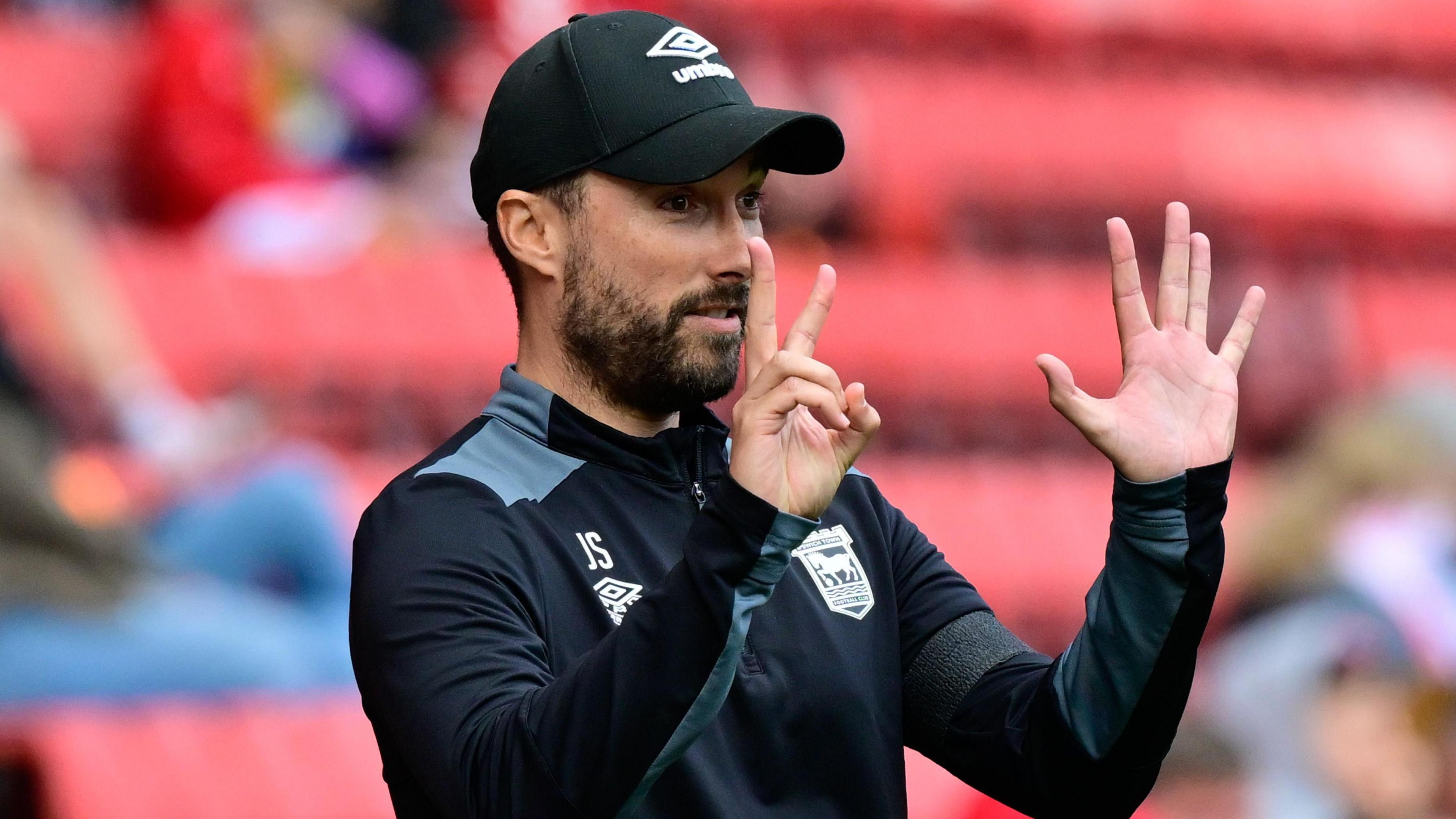Ipswich Town Women manager Joe Sheehan signals to his players during their draw at Charlton