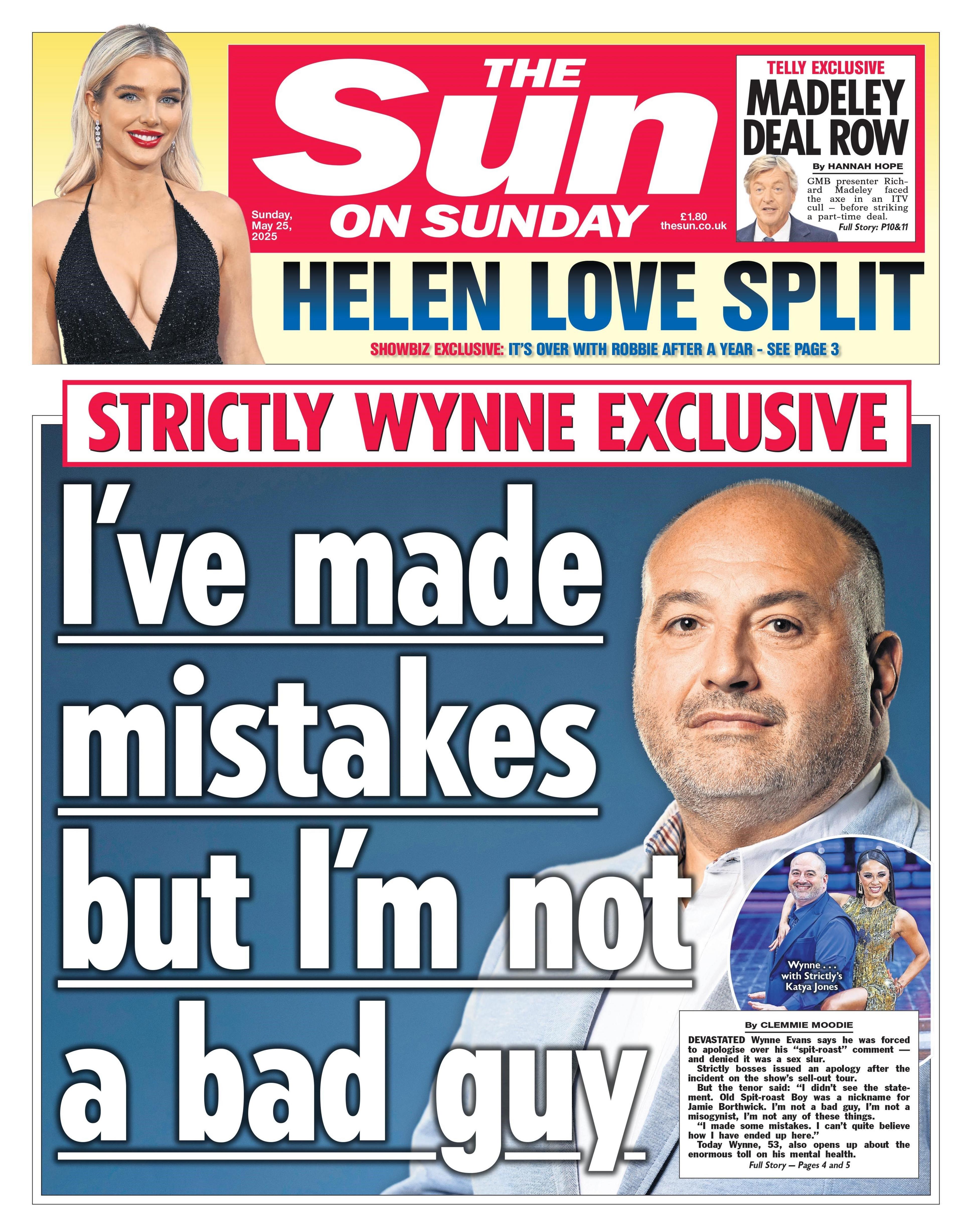 Sun front page with a picture of Wynne Evans and the headline "I've made some mistakes but I'm not a bad guy".