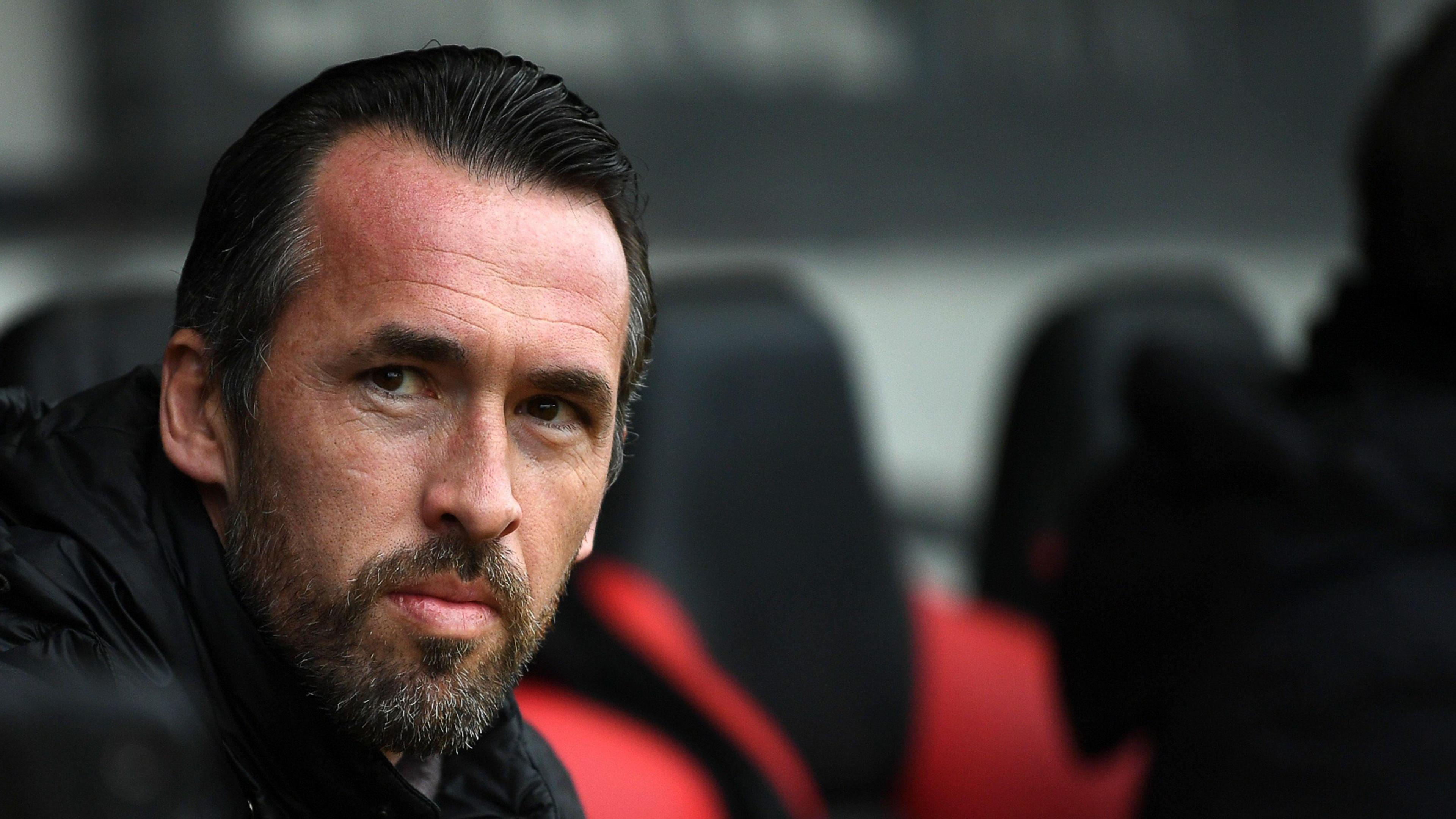 Newport manager Christian Fuchs on the sidelines during his side's 0-0 draw with Grimsby